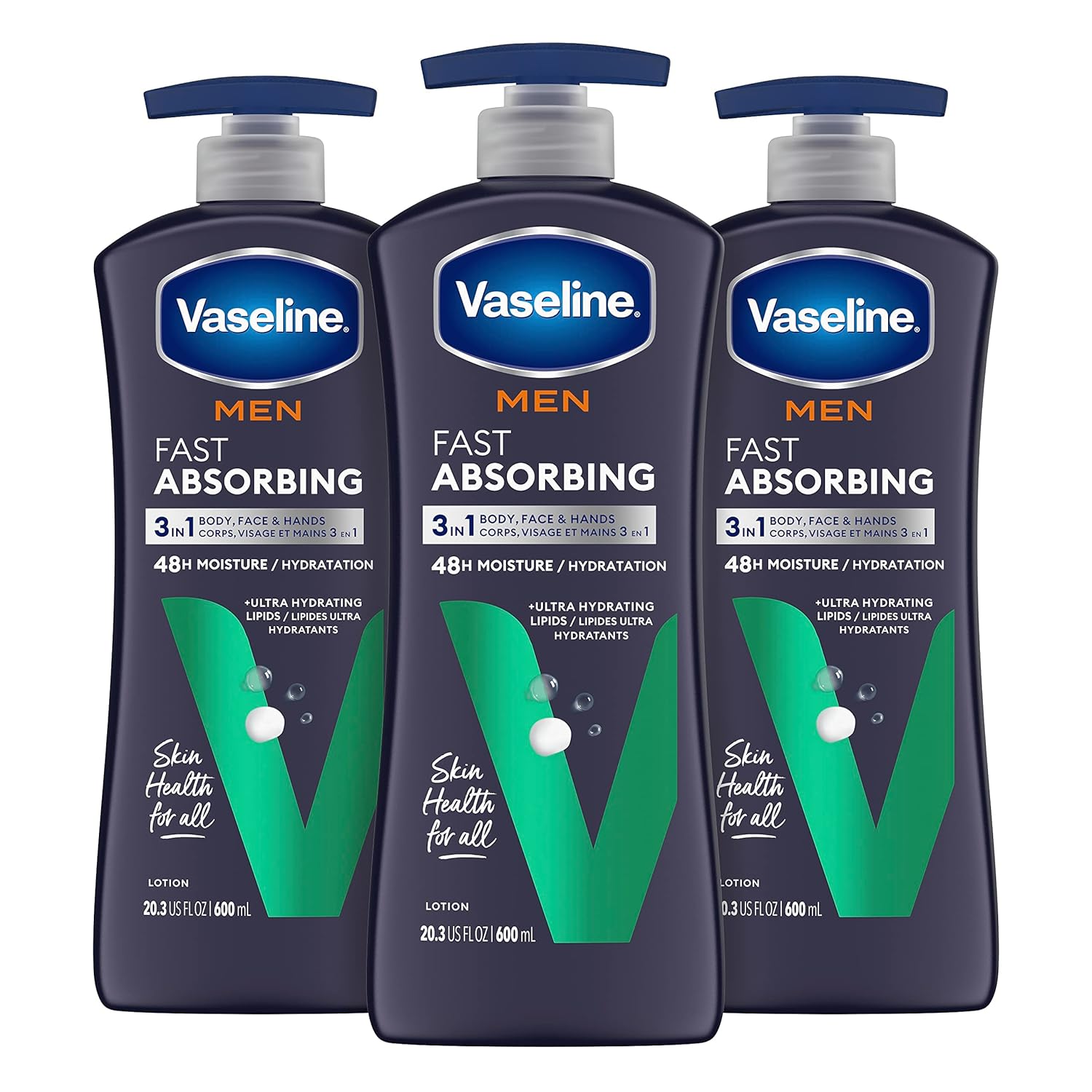 Vaseline Men's Healing Moisture Hand & Body Lotion For Dry or Cracked Skin Fast Absorbing Non-Greasy Lotion for Men 20.3 oz, Pack of 3
