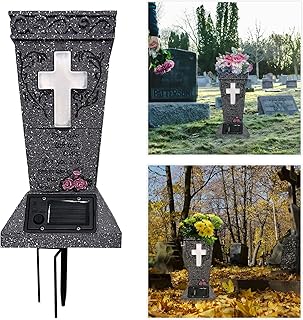 Solar Cemetery Vase with LED Cross Lamp Memorial Flower Holder with Spike Headstones Vases Gravestone Garden Decorations Condolence Gifts for Loss of Loved One