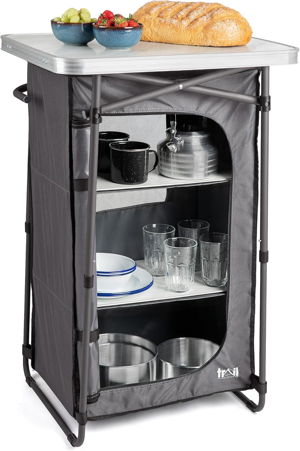 Trail Camping Kitchen Unit 4 Shelf Storage Cupboard, Folding Portable Pop Up Shelving Cabinet, Outdoor Garden Picnic, Waterproof with Carry Bag (93cm x 60cm x 48cm)