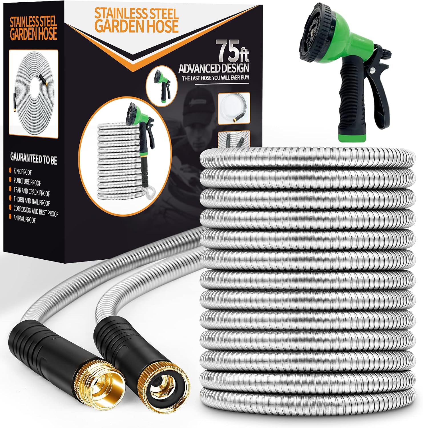 Unywarse Garden Hose 75FT Metal Water Hose with 10 Function Nozzle No-Kink