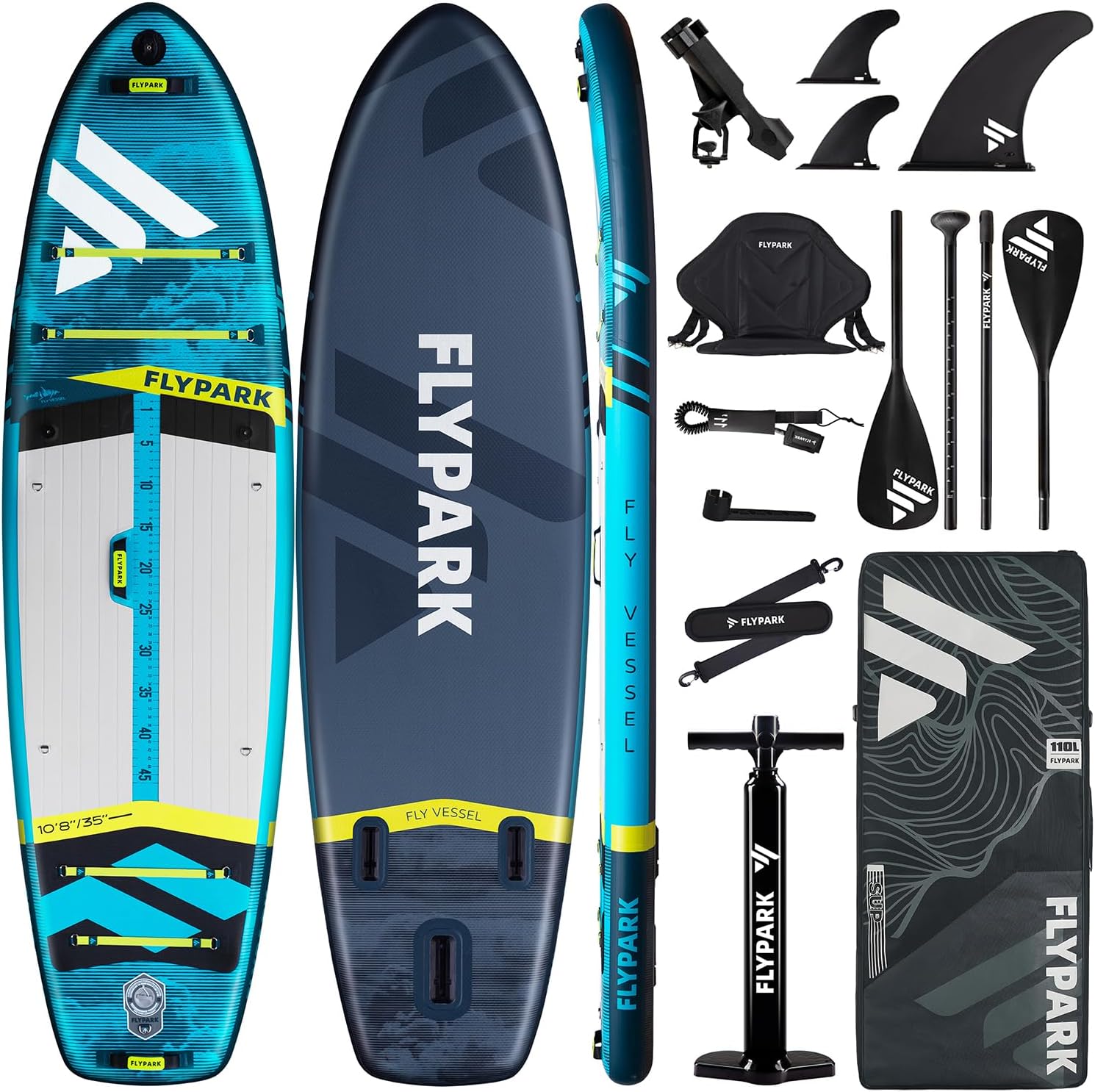 Flypark 10'8/11'x35'' Fishing&Family Stable Inflatable Paddle Boards, Extra Wide SUP Paddleboard Inflatable, 430lb/3 People, Stand Up Paddle Board for Adults, Camera Mount, Shoulder Strap, Rod Holder