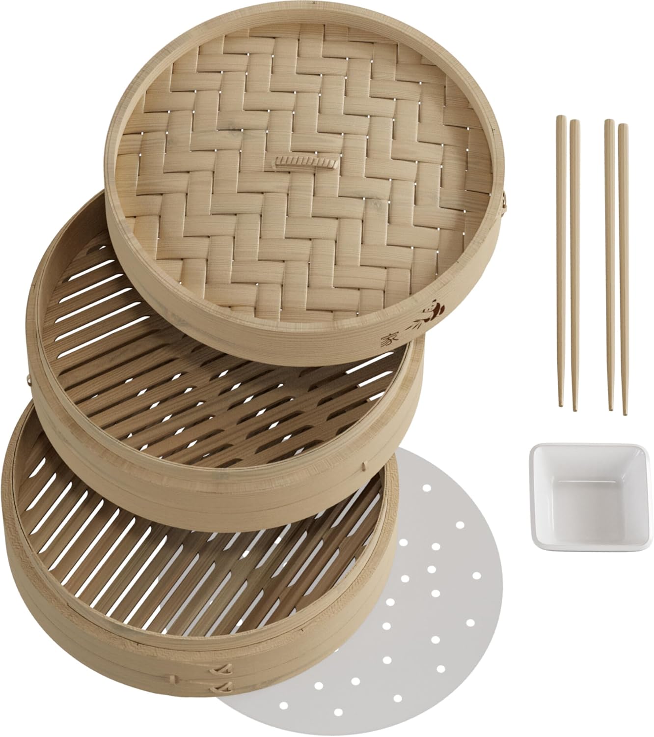 Prime Home Direct Bamboo Steamer Basket 10-inch | 2-Tier Steamer for Cooking | 50 Liners, Chopsticks, Sauce Dish | Dumpling Steamer, Food Steamer Baskets for Cooking - Rice & Vegetable Steamer Pot