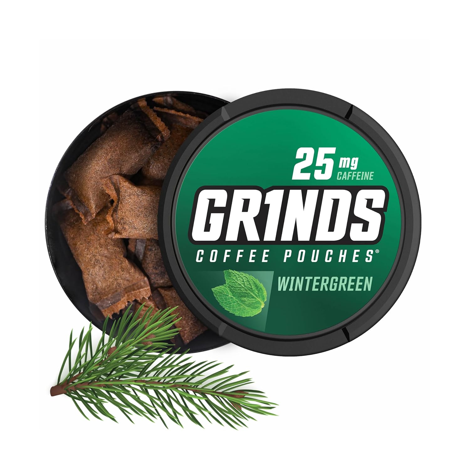 Grinds Coffee Pouches | Tobacco Free, Nicotine Free Healthy Alternative | 3 Cans of Wintergreen | 18 Pouches Per Can | 1 Pouch eq. 1/4 Cup of Coffee (Wintergreen)