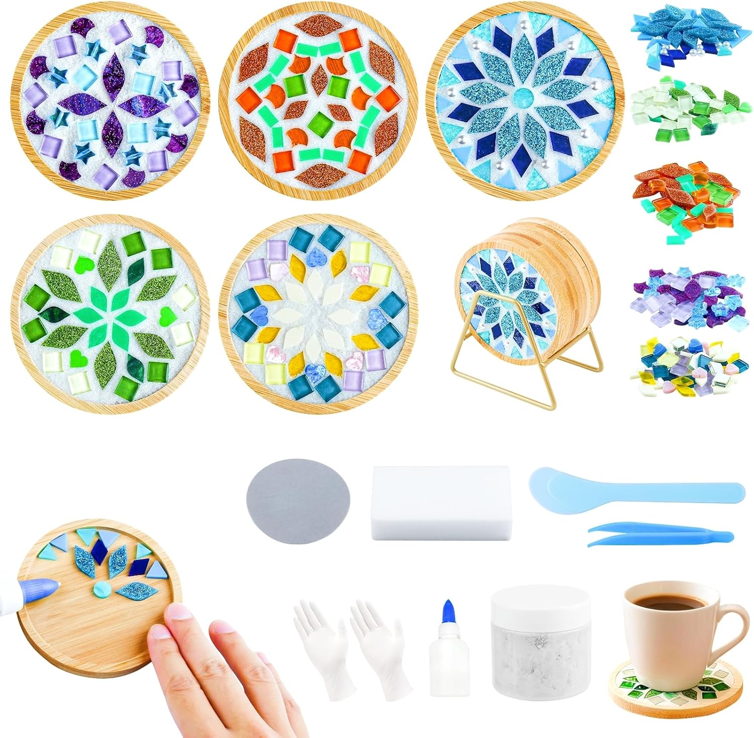 5 Sets DIY Mosaic Tiles for Crafts, Mixed Color Mosaic Coaster Kit Material Package for Adults Women, Wooden Coaster for Drinks Tray Handmade Home Decoration and Gift Idea Summer Party