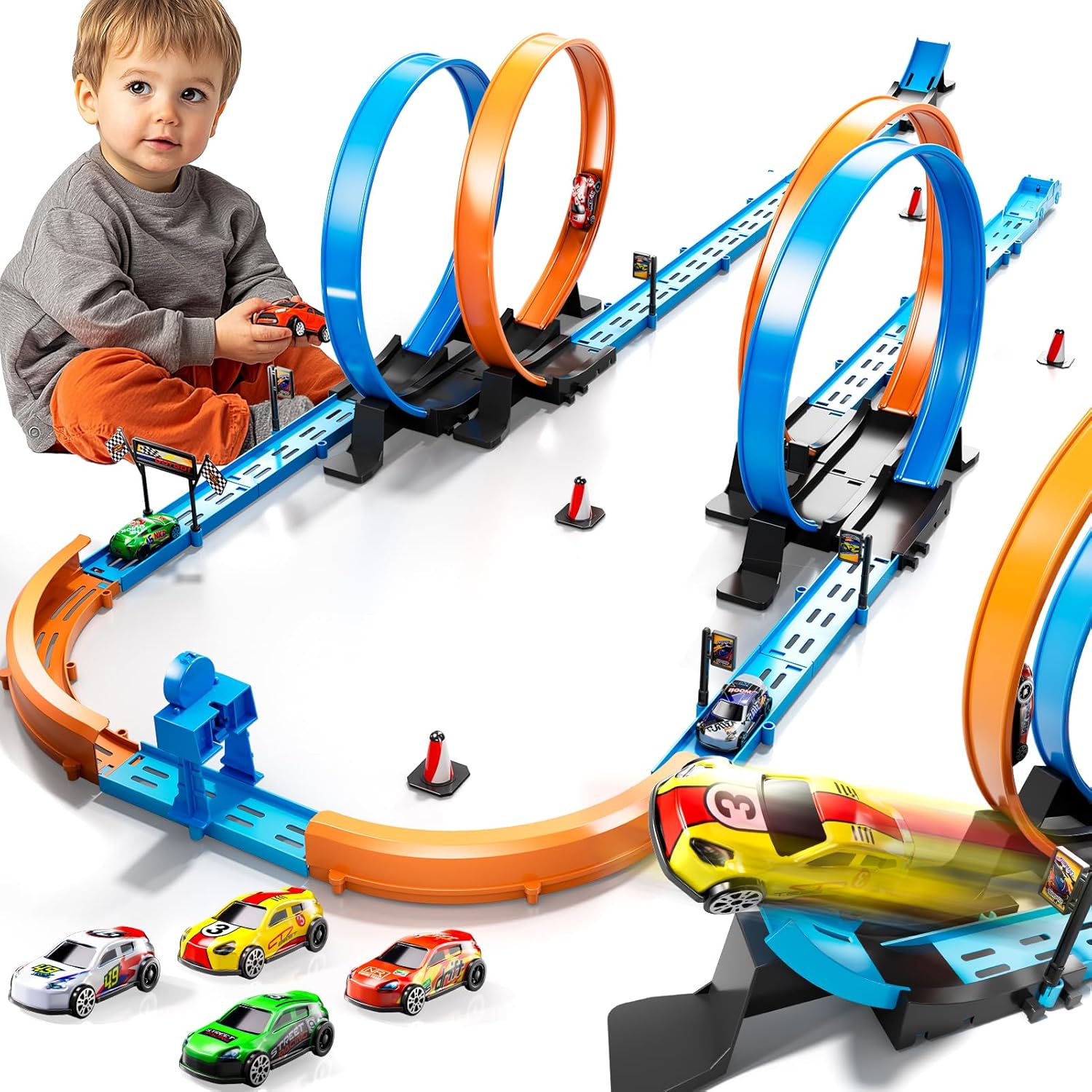 Toy Car Track Set for Boys Kids Age 3-5 4-7 8-12, Long Race Tracks with 4 Action Loops and 4 High-Speed Slot Cars, 35+ Pieces of Race Track to Create Multiple Configurations