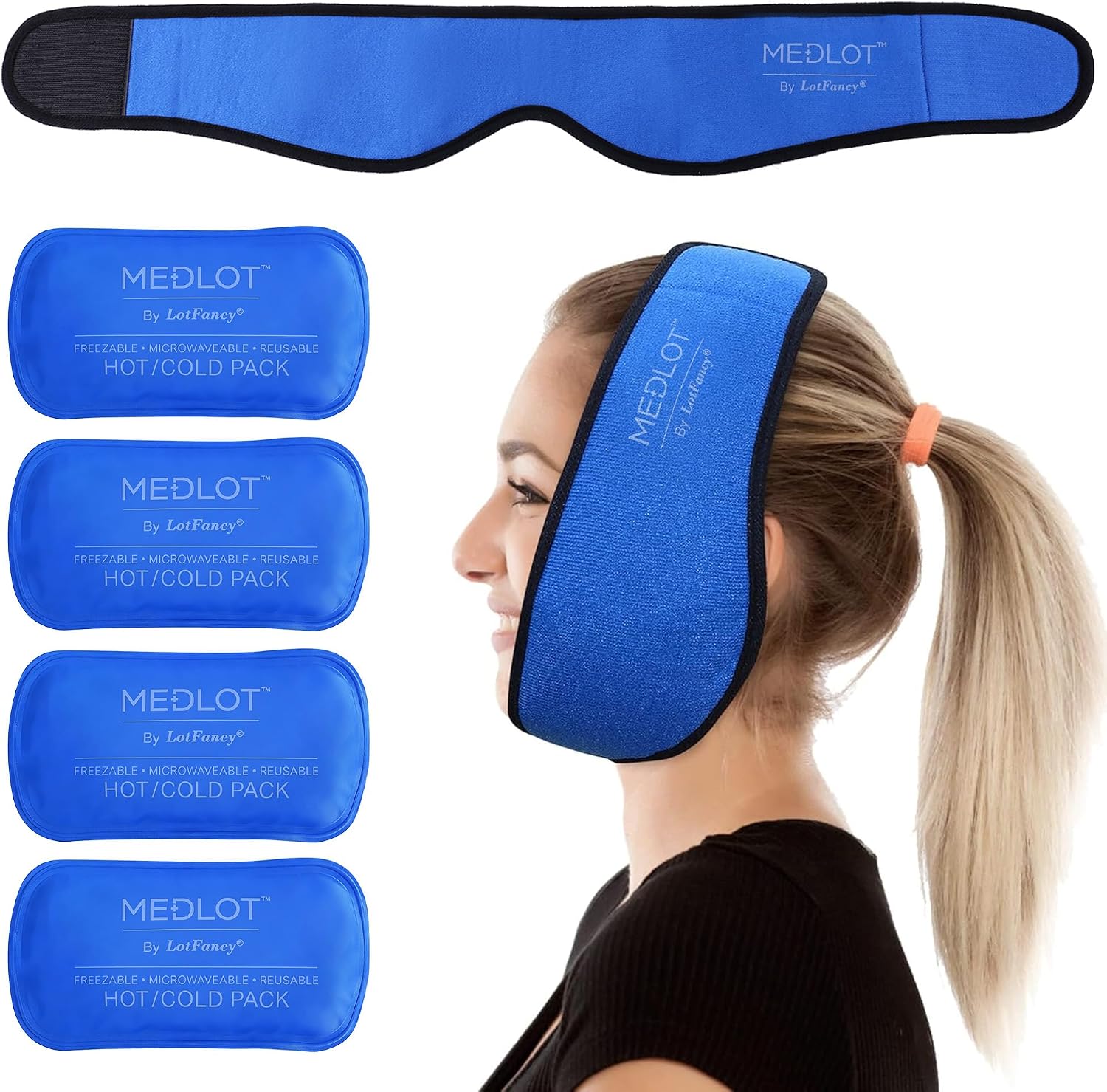 LotFancy Face Ice Pack Wrap for TMJ, Wisdom Teeth, with 4 Reusable Hot Cold Therapy Gel Packs, Pain Relief for Head, Oral and Facial Surgery, Dental Implants, Blue