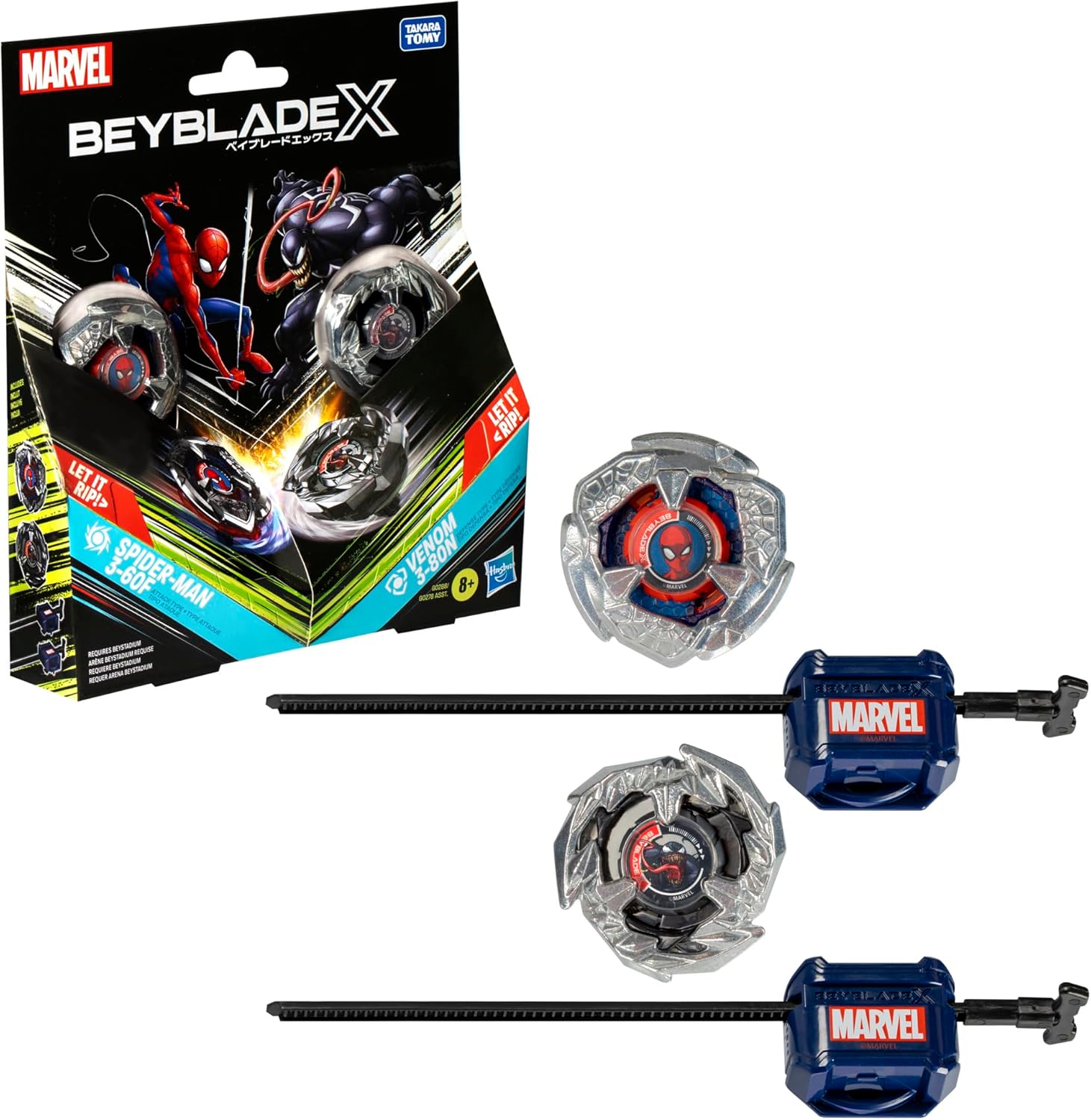 Beyblade X Marvel Collab Spider-Man 3-60F vs. Venom 3-80N Multipack Set, Includes 2 Right-Spin Tops & Launchers, Spinning Toys for Kids 8+, Boys and Girls