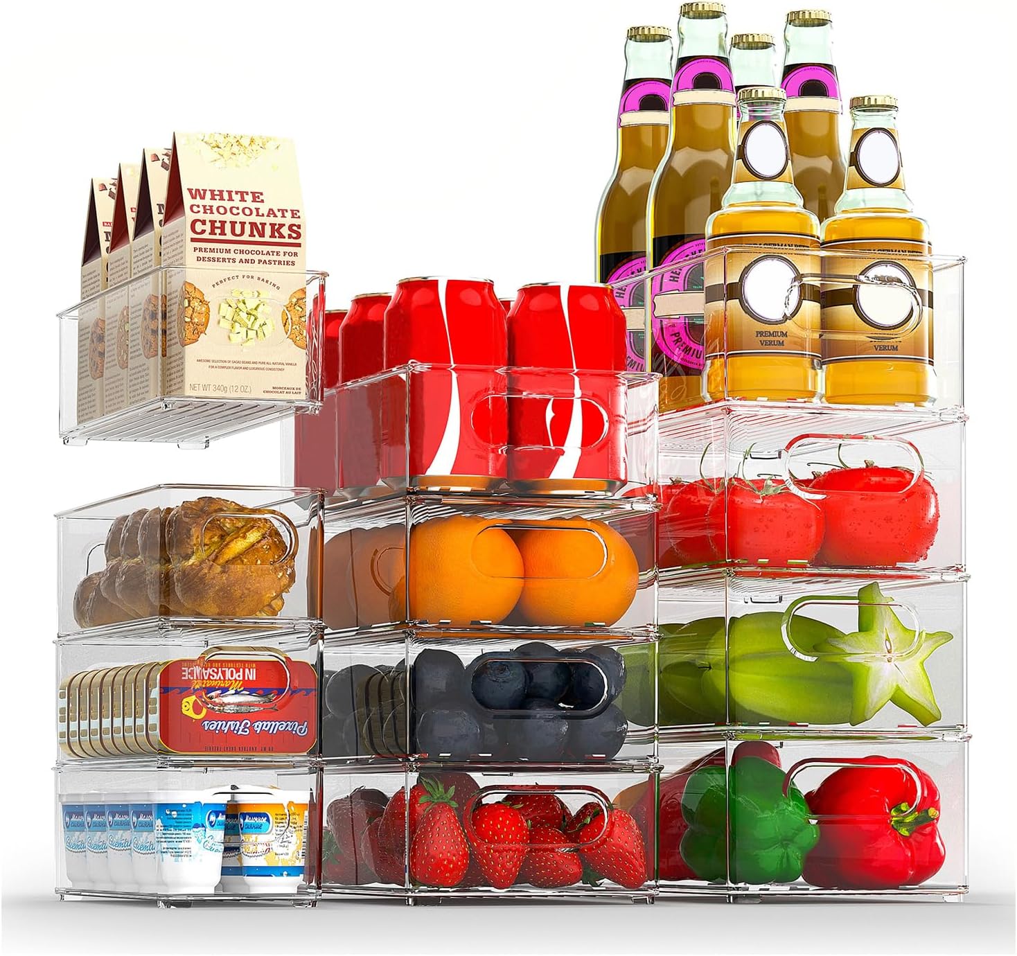 Finew Fridge Organiser Set of 12 (4 Small / 4 Medium / 4 Large), Stackable Storage Bins, Clear Kitchen Organisation Containers for Pantry, Cupboards, Refrigerator, Bathroom - BPA Free