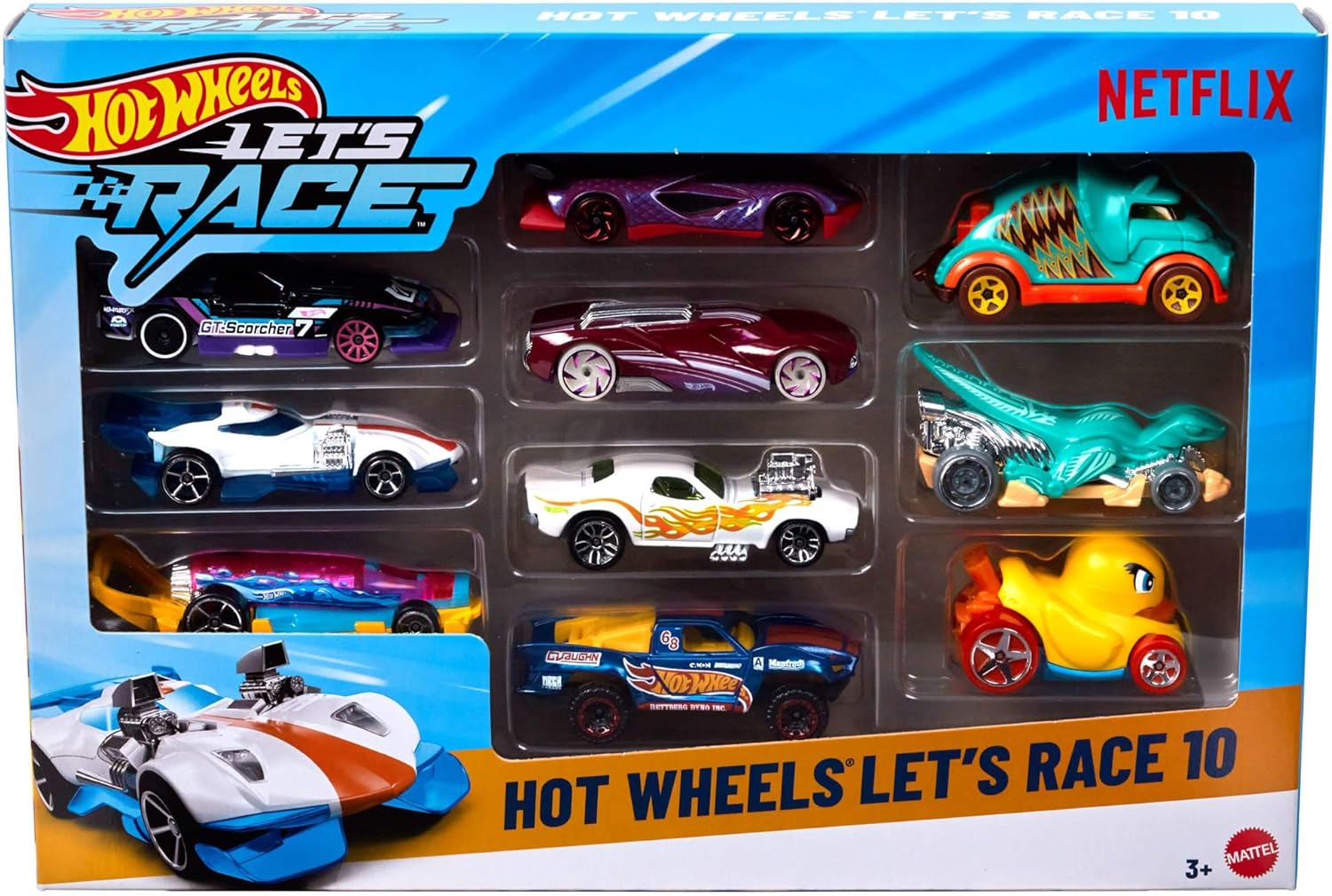 Hot Wheels Toy Cars & Trucks, Let’s Race 10-Pack, Set of 10 1:64 Scale Vehicles from the Animated Netflix Show for Play or Display (Styles May Vary), JGN40