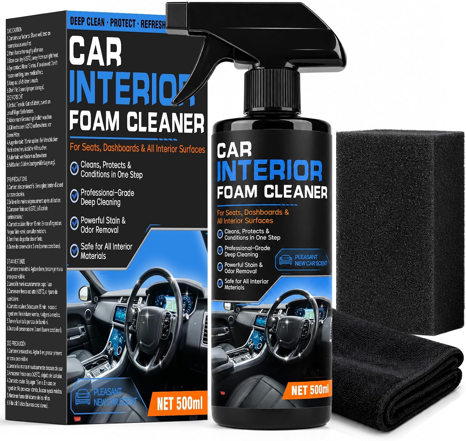 Car Interior Cleaner 500ml, Dashboard Cleaner with Microfiber Cloth & Sponge, Professional Car Upholstery Cleaner for Seats, Dashboard and All Vehicle Interior Surfaces