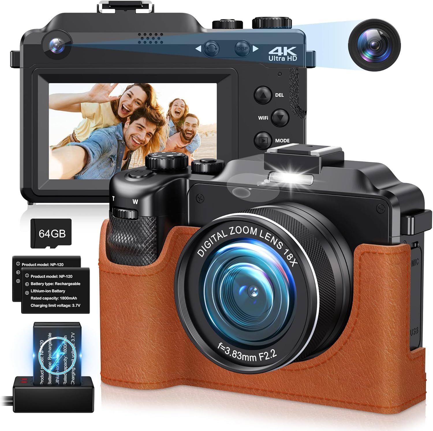 4K Digital Camera for Photography with Protective Case,Autofocus 64MP Vlog Camera for Youtube,18X Zoom Video Cameras with Dual Lens for Beginner, 64GB Card, 2 Batteries