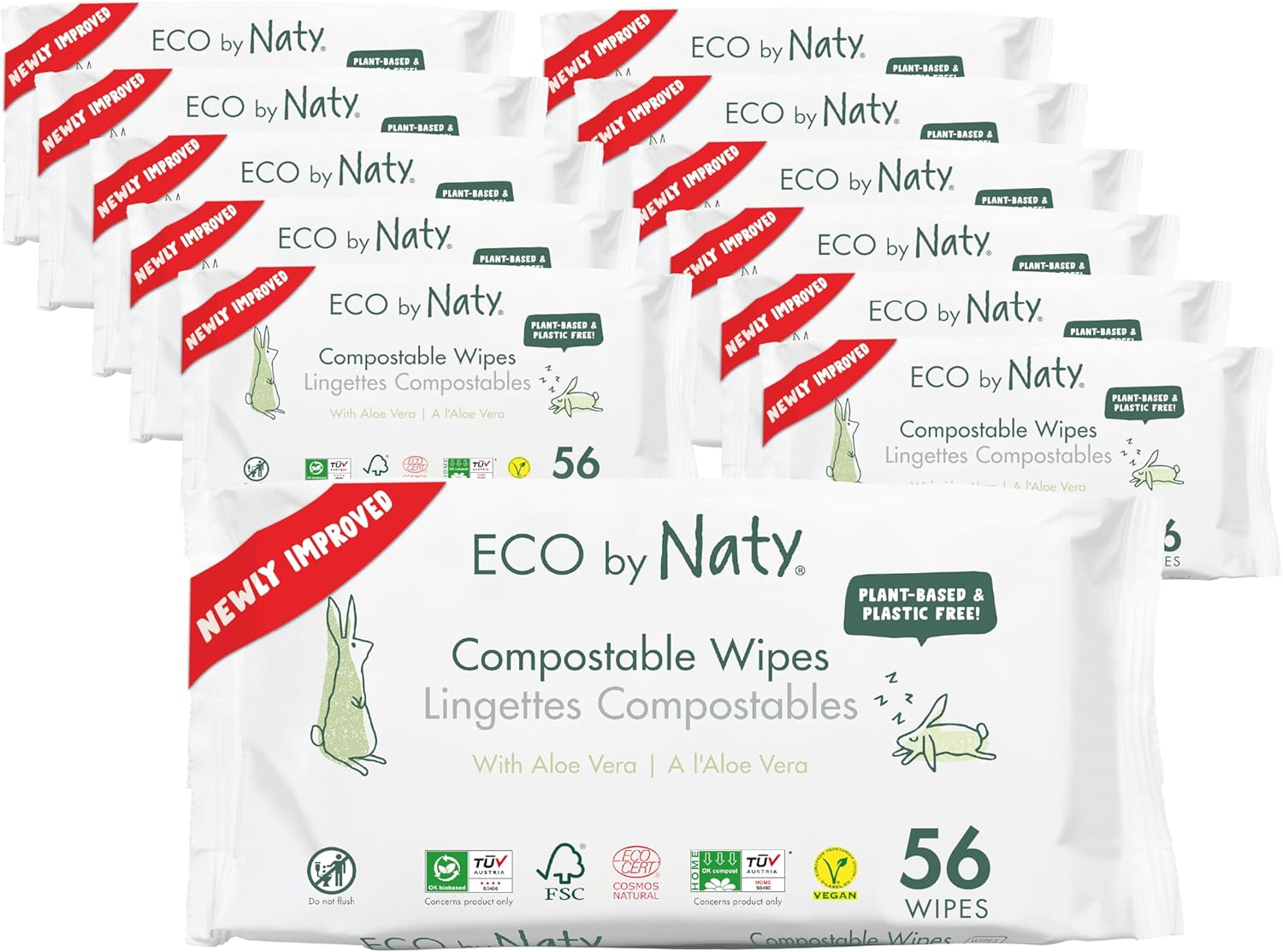 Eco by Naty Aloe Vera Baby Wipes – Plant Based Wipes, Compostable Baby and Newborn Hypoallergenic Wipes, Great for Baby Sensitive Skin (672 Count - 12 packs of 56)