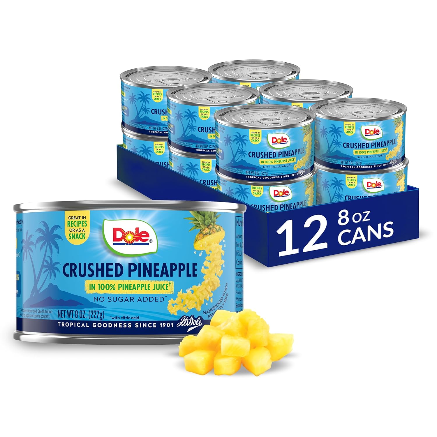 Dole Canned Fruit, Crushed Pineapple in 100% Pineapple Juice, Gluten Free, Pantry Staples, 8 Oz, 12 count, Packaging May Vary