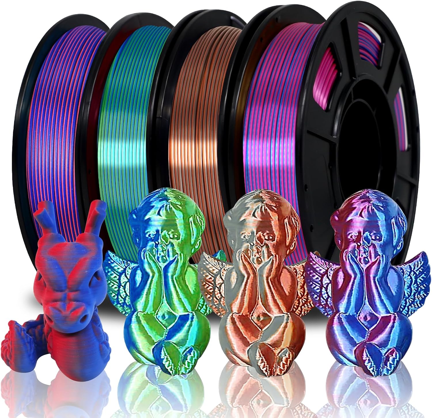 Eono Dual Color PLA Filament Coextrusion Dual Color PLA Filament 1.75mm for 3D Printer, 3D Printer Filament Muliticolor Silk PLA Like Rainbow, 250g*4 Color Pack.