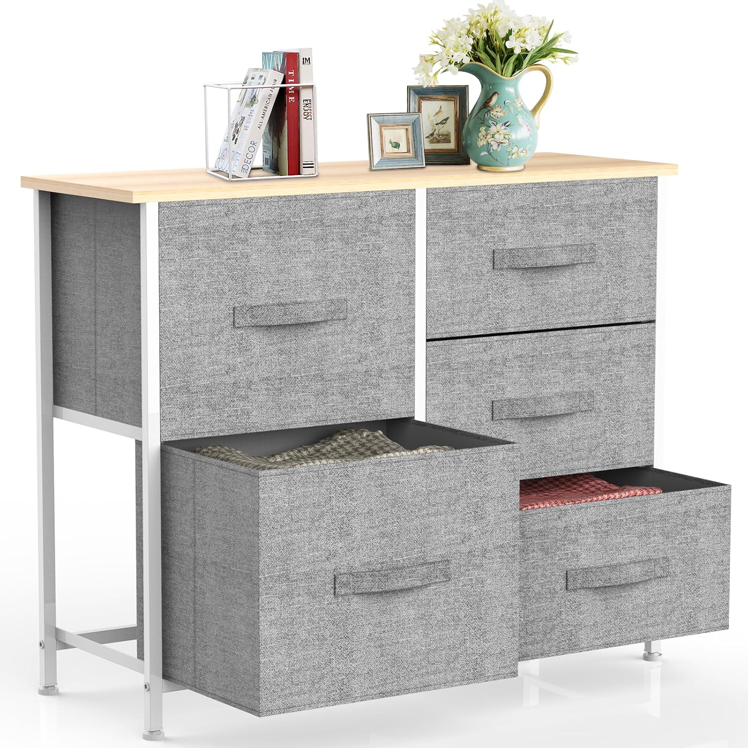 IMURZ Chest of Drawers,Fabric Storage Drawers wtih 5 Units Large Storage Space,Sturdy Steel Frame Chest of Drawers Bedroom for Living Room, Nursery Room, Hallway etc, Gray, 30 x 85 x 70 cm