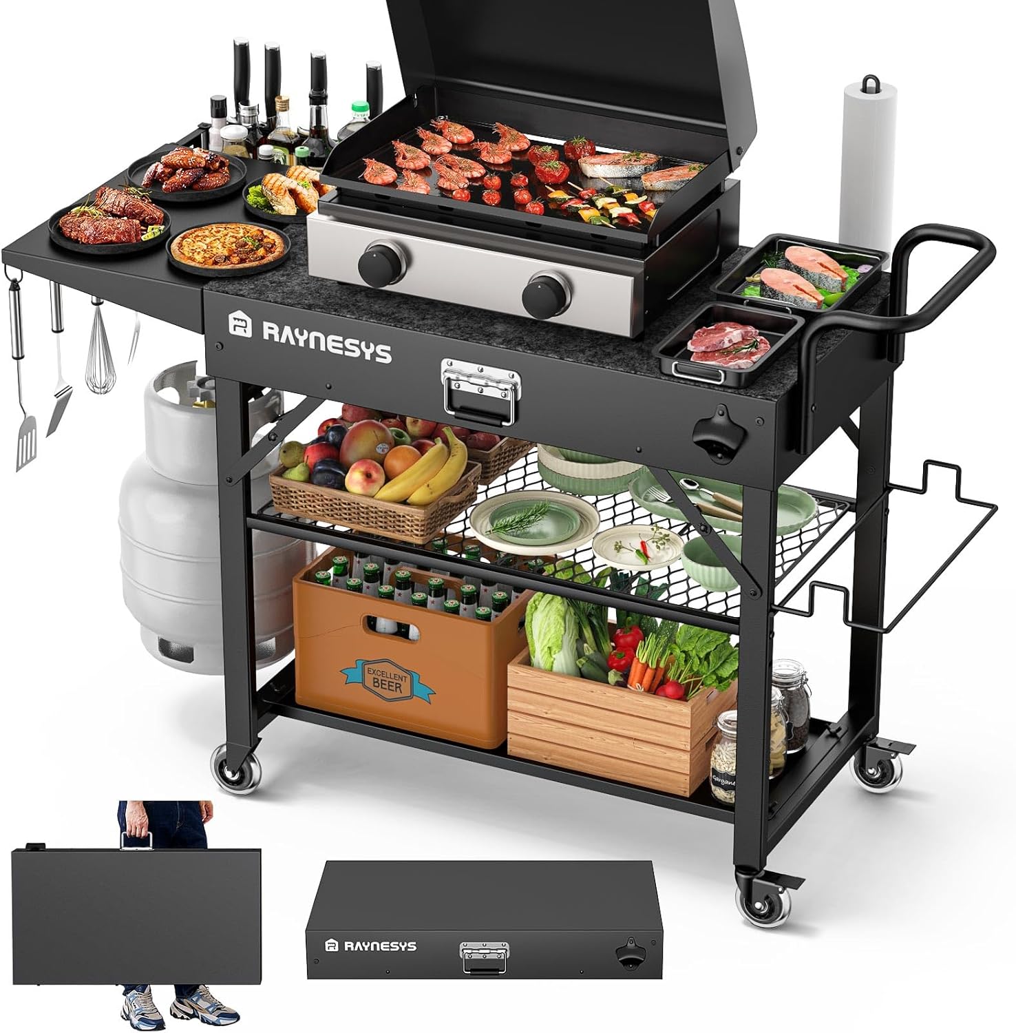 Outdoor Grill Cart, 440lbs Outdoor Grill Table, 31x17 inch Blackstone Griddle Stand, Portable Folding Cart with Wheels, 2-Tier Storage Rack & Side Storage Box (Black)