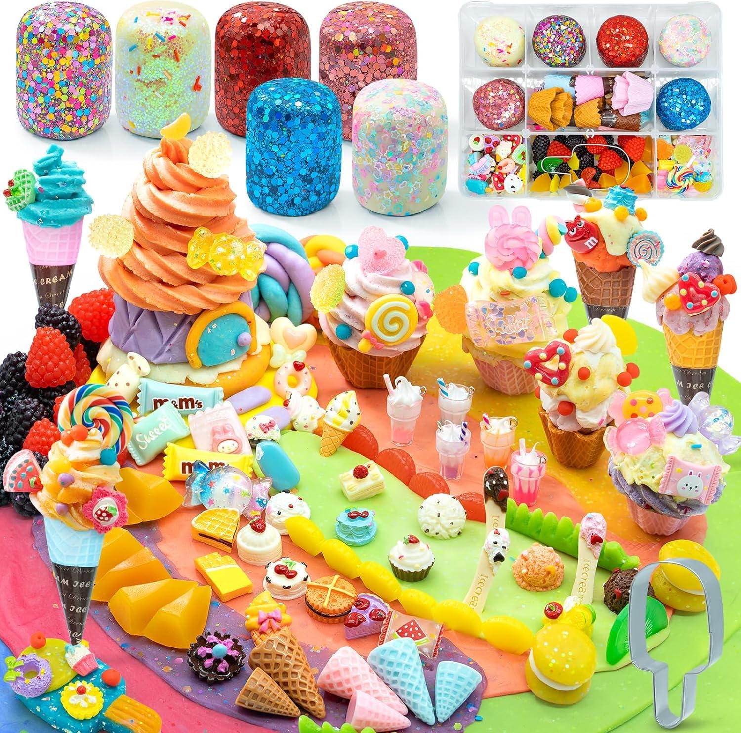 SIMPLIPLAY Ice Cream Sensory Dough Kit, 6 PCS 18oz Glitter Doughs with Accessories(120 Pcs+), Soft Clay Ice Cream Toys with Cone, Mold, Fruit Pieces, Christmas Birthday Gift for Girls Age 3 4 5 6