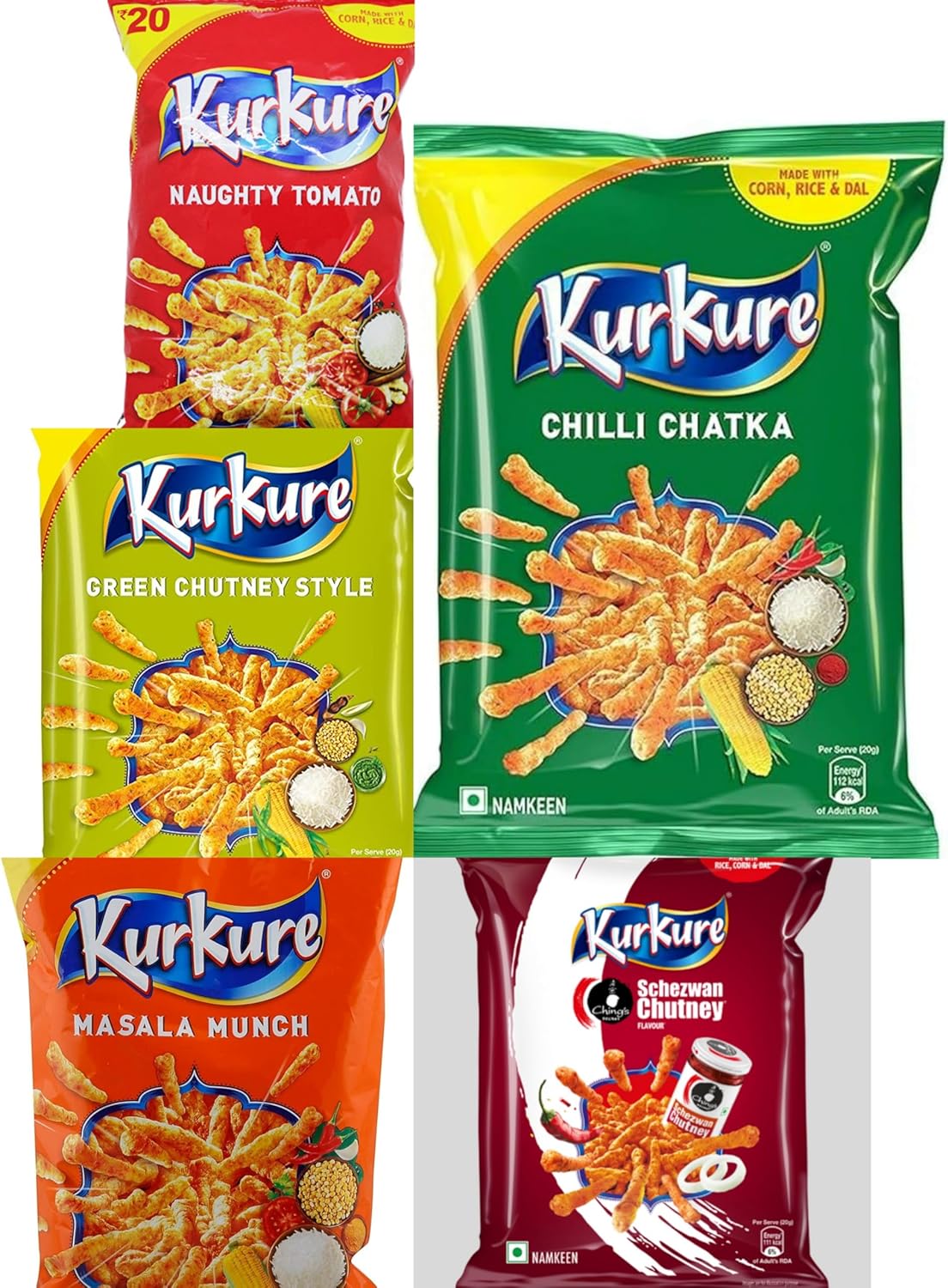 Kurkure Indian Snacks Variety (Pack of 5) Flavours - Naughty Tomato, Chilli Chatka, Green Chutney Style, Masala Munch, Schezwan Chutney (Pack of 5, All)