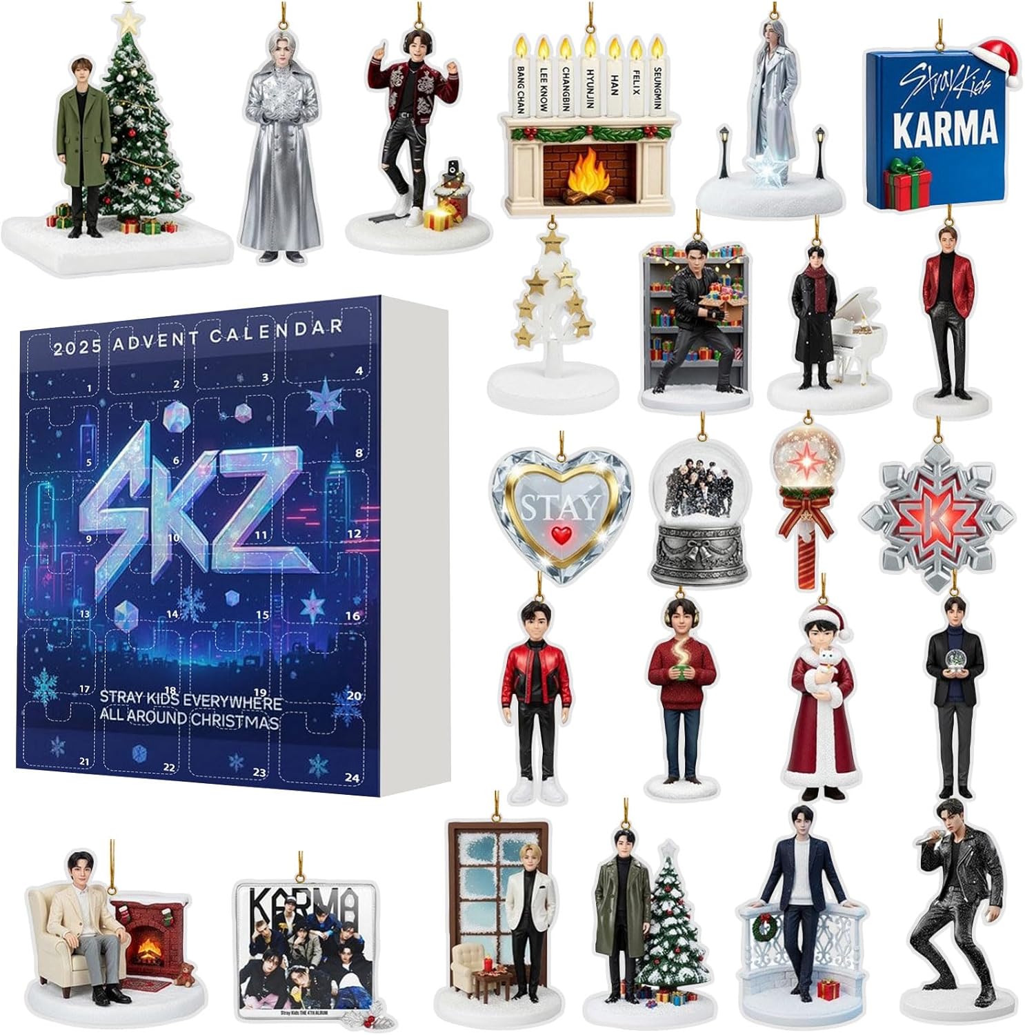Stray Kids Advent Calendar 2025, 24 Days Christmas Countdown Calendar with 2D Acrylic Iconic Character Xmas Trees Ornaments Gifts for Hip Hop Fans