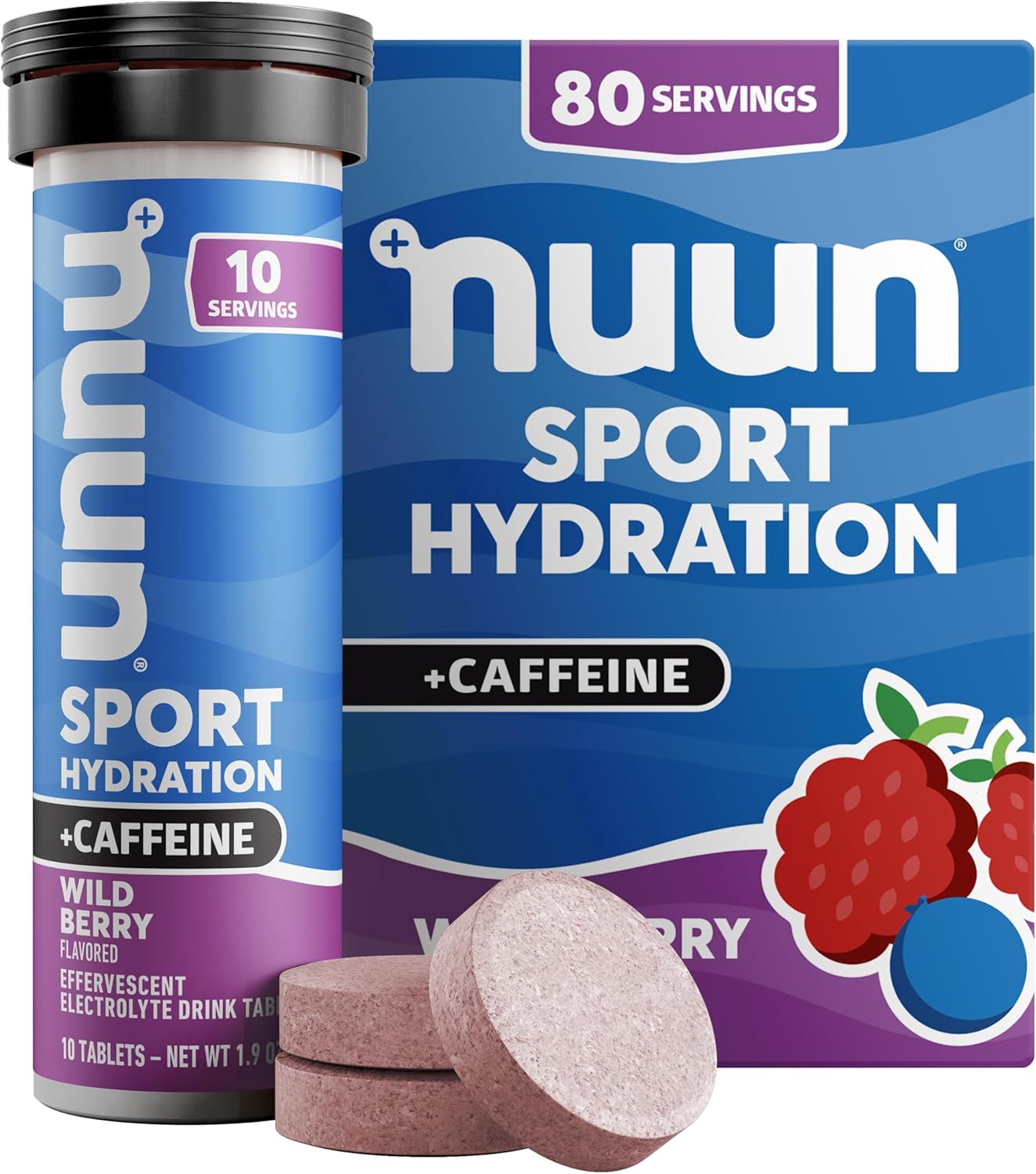 Nuun Sport Electrolyte Tablets with Caffeine from Green Tea Extract, Magnesium, Calcium, Potassium, Chloride & Sodium, Gluten Free & Vegan, Wild Berry, 8 Pack (80 Servings Total)