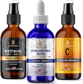 Pack of 3 Vitamin C & Hyaluronic Acid & Retinol Serums Natural Skin Care Facial Treatment Neck & Chest Anti-Aging Serum Fights Pigmentation Fine Lines and Wrinkles