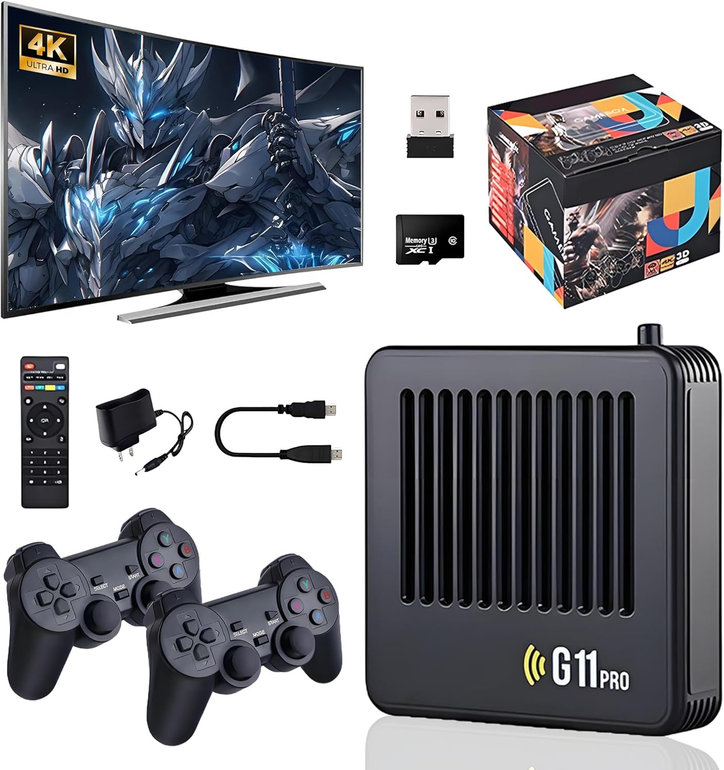 HKOORLAMULS G11pro gamebox hd game stick tv console,Plug and Play Video Games,2.4G Wireless controller retro gamer pro,Black,Emuelec4.3 (64G)
