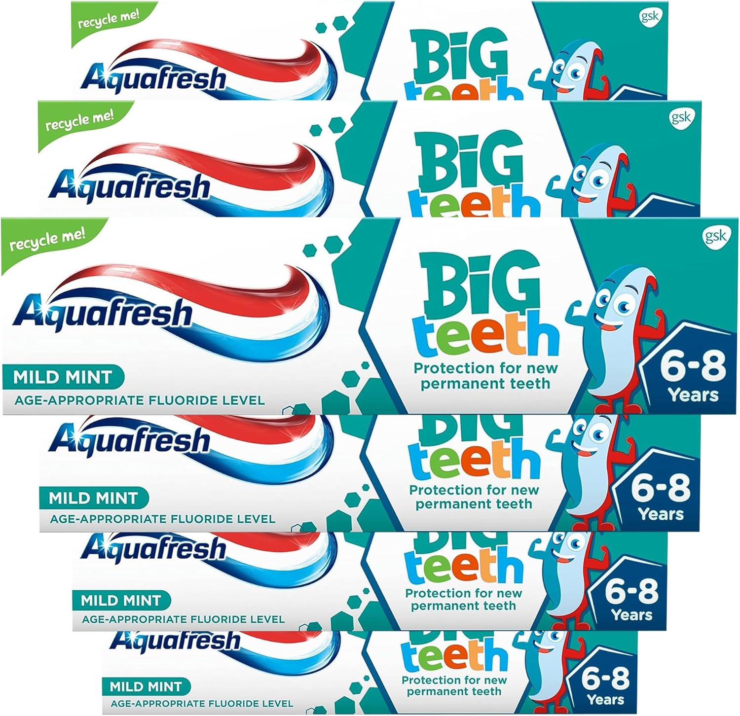 Aquafresh Big Teeth Toothpaste, for Kids Teeth, 6-8 Years, 50ml - Pack of 6