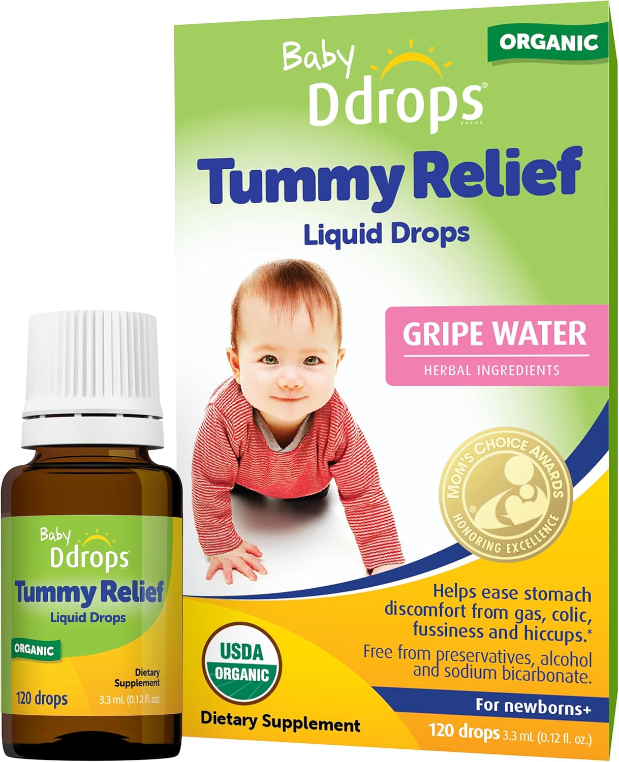 Ddrops Baby Tummy Relief Liquid Drops, Organic Gripe Water for Newborns, Relief from Gas, Colic, Fussiness and Hiccups, Just One Drop, Herbal Ingredients, 120 Drops