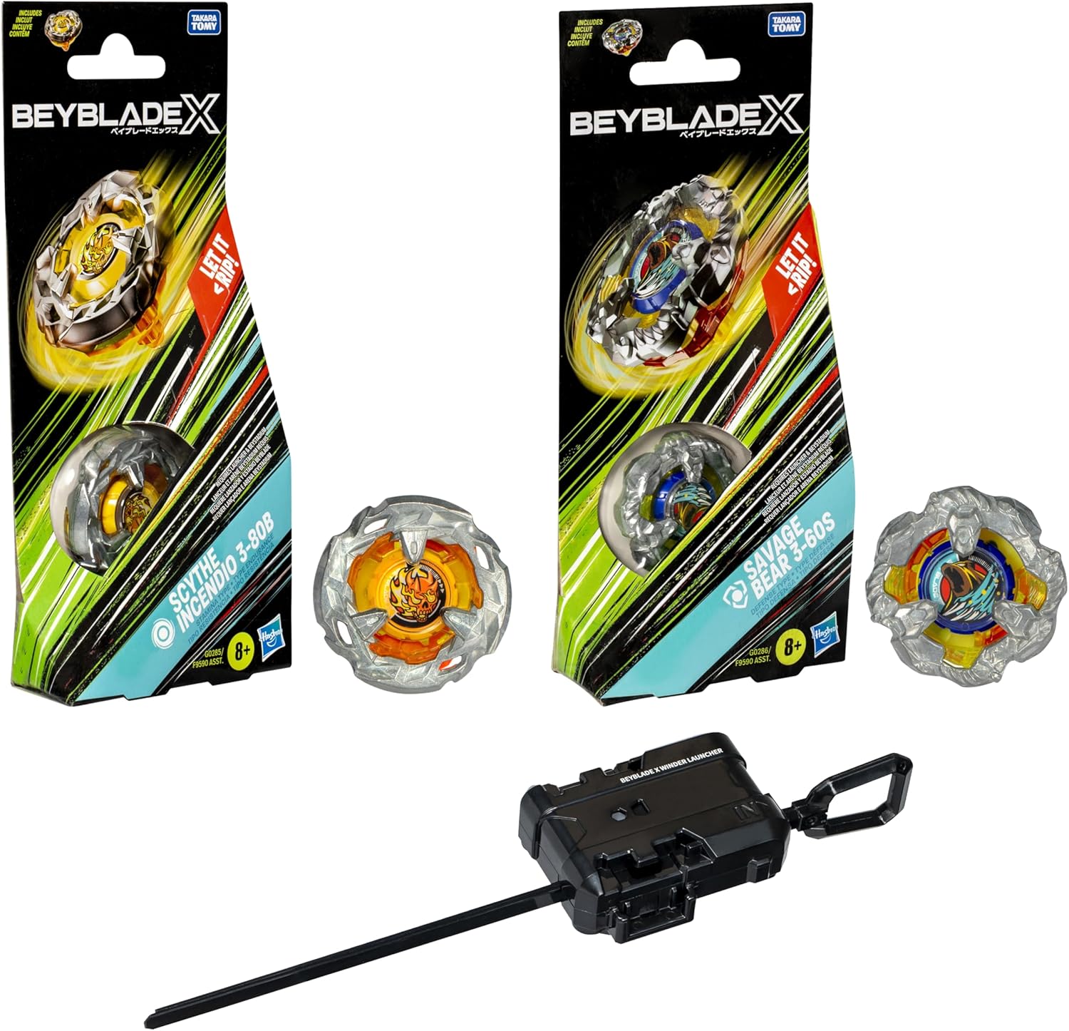 Beyblade X Scythe Incendio 3-80B, Savage Bear 3-60S & Official Winder Launcher Bundle Pack (Amazon Exclusive)