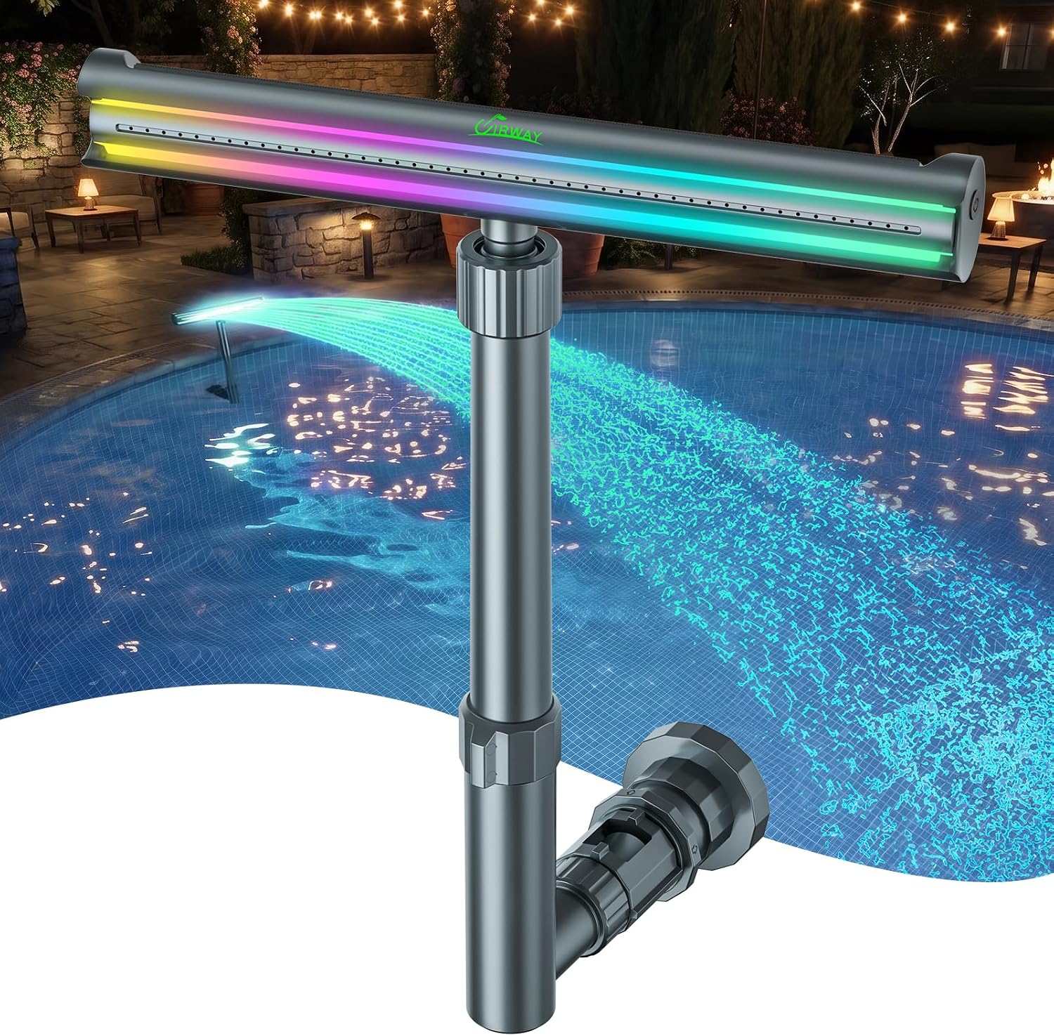 UIRWAY Solar Pool Fountain F5 Pro, Dual Light Strip 52 Ultra-Bright LEDs Unique Design, 10 Colors Pool Lights with 4 Modes, Remote Control, Adjustable Spray, Pool Fountain for Above & Inground Pools
