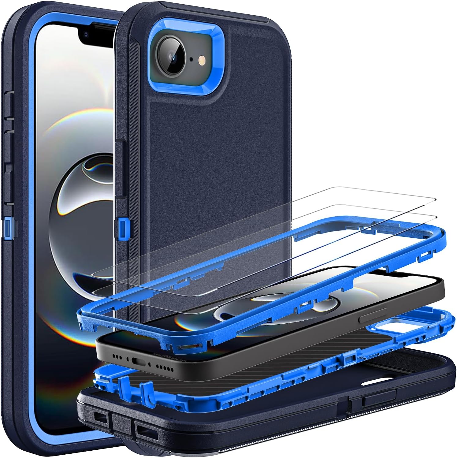 for iPhone 16e Case, Military Grade 3 in 1 Heavy Duty Shockproof/Drop Proof/Dust Proof Case with 2Pcs Tempered Glass Screen Protector (Navy Blue)