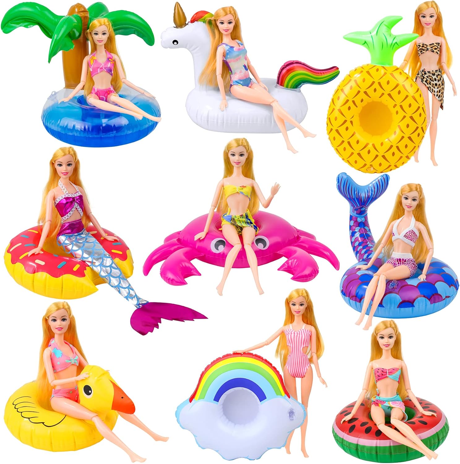 UNICORN ELEMENT 9 Pcs Cute 11.5 Inch Girl Doll Swim Accessories Set Swimming Pool Floaties Party Ring Inflatable Drink Holder for 11.5" Girl Dolls Pool Toys