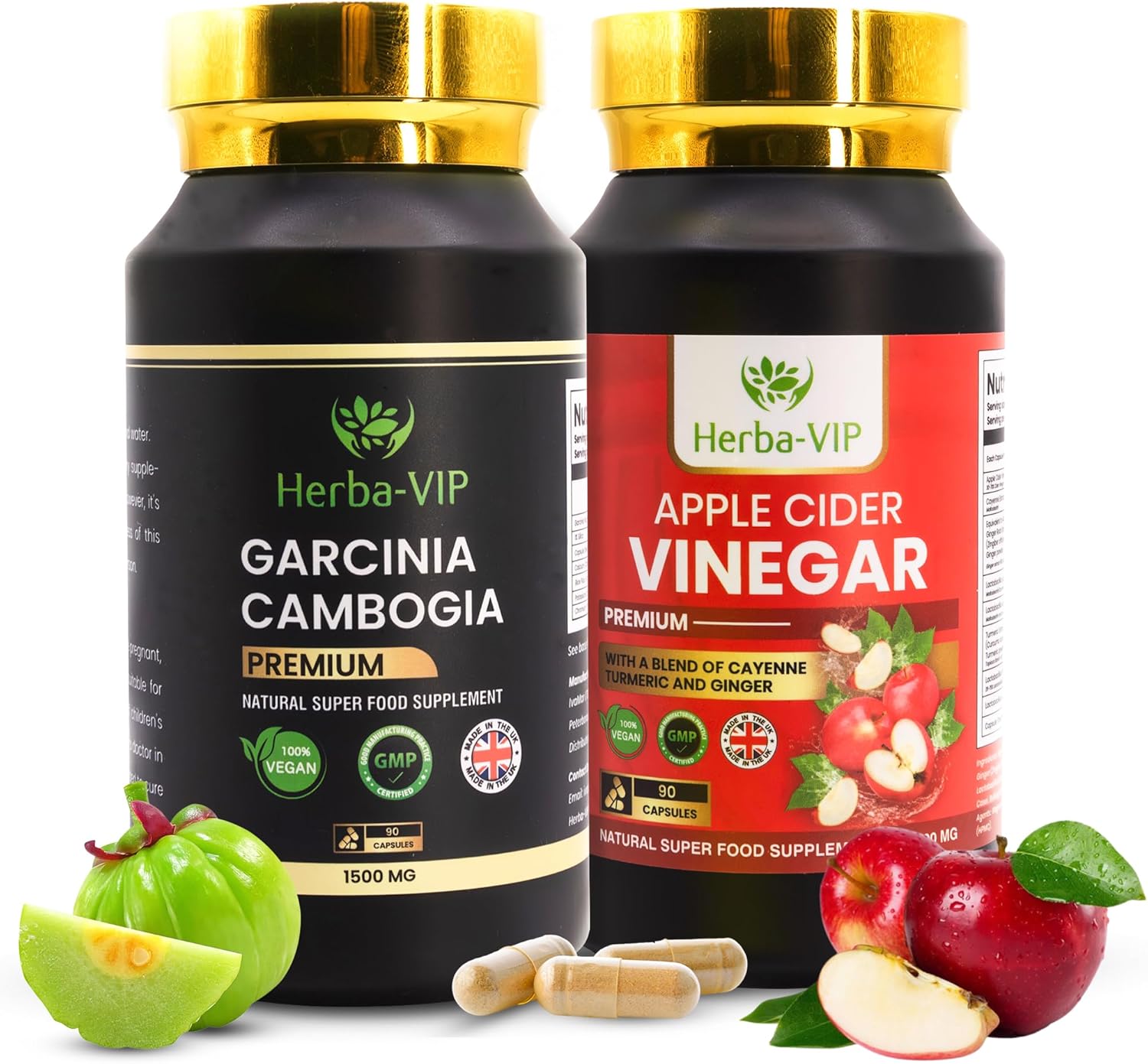 Apple Cider Vinegar with Cayenne Pepper, Turmeric & Ginger Root + Garcinia Cambogia with Calcium, Potassium, Chromium, etc. - UK Formulated Food Supplements Capsules – Both Vegan & Vegetarian Suitable
