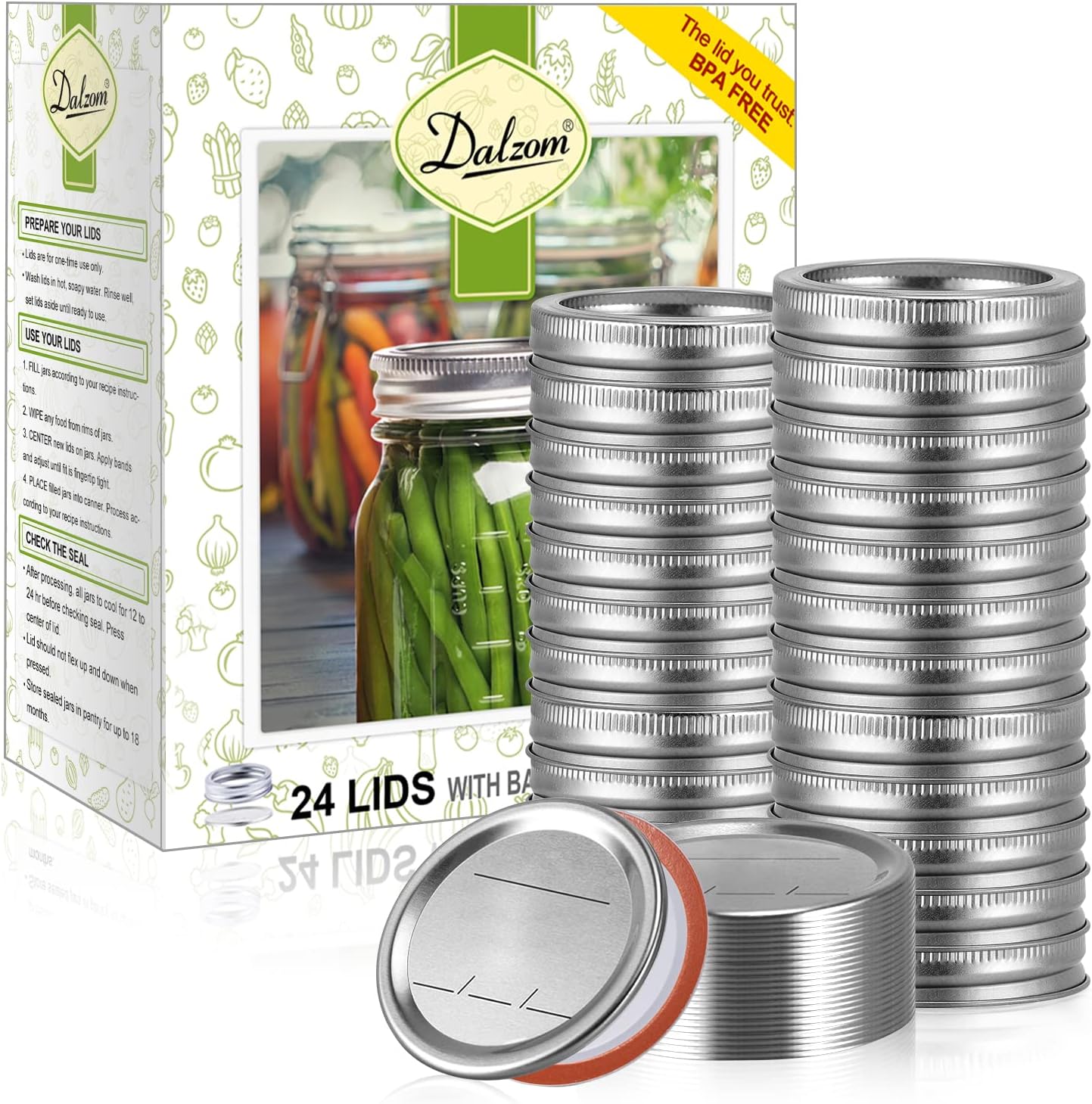 Dalzom® 48Pcs Canning Lids with Rings Regular Mouth, Premium Mason Jar Lids with Bands/Rings for Regular Mouth Ball, Kerr Jars - Food Grade Material, 100% Fit & Airtight for Regular Mouth Mason Jars