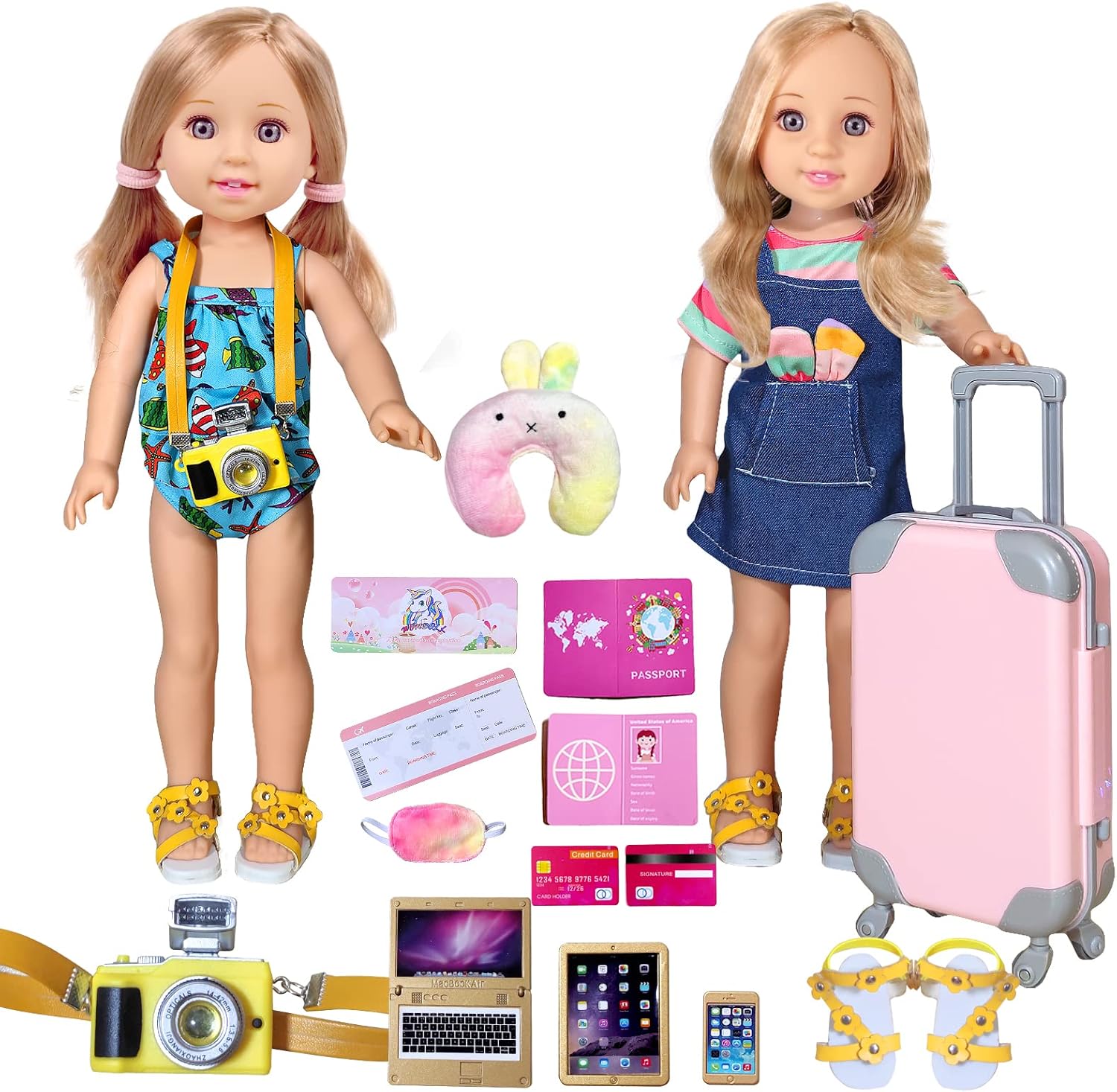 14-inch-Doll-Clothes and Doll-Travel-Suitcase Play Set Accessories - Including Luggage, ​2 Sets of Doll Clothes, Shoes Sunglasses Camera Computer Travel Pillow Blindfold Passport Tickets