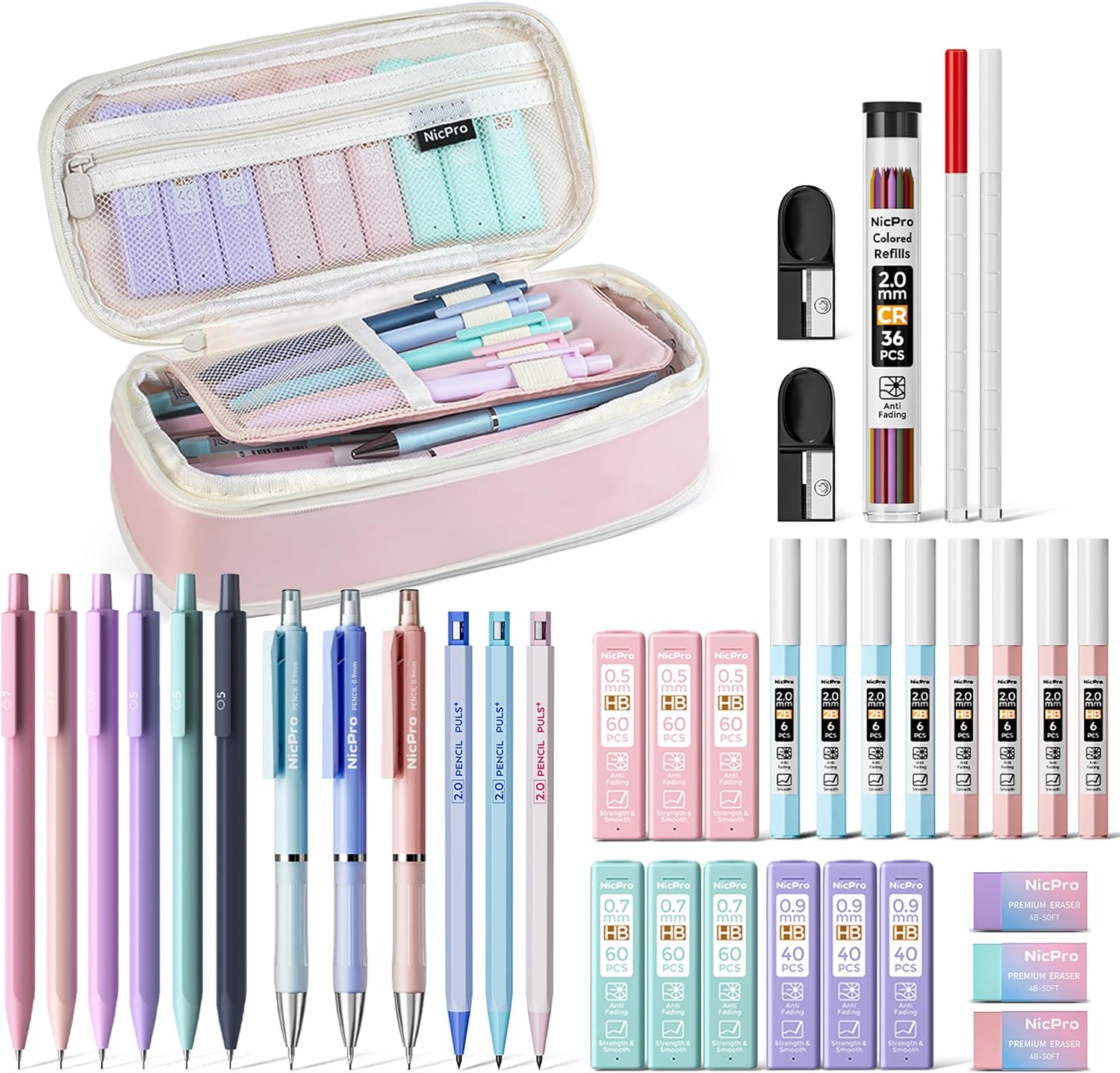 Nicpro 38PCS Aesthetic School Supplies, Cute Mechanical Pencils 0.5, 0.7, 0.9 & 2.0 mm with 18 Tubes Lead Refills, Pastel Mechanical Pencil Set for Students Girls Writing Drawing Drafting - Pink Case