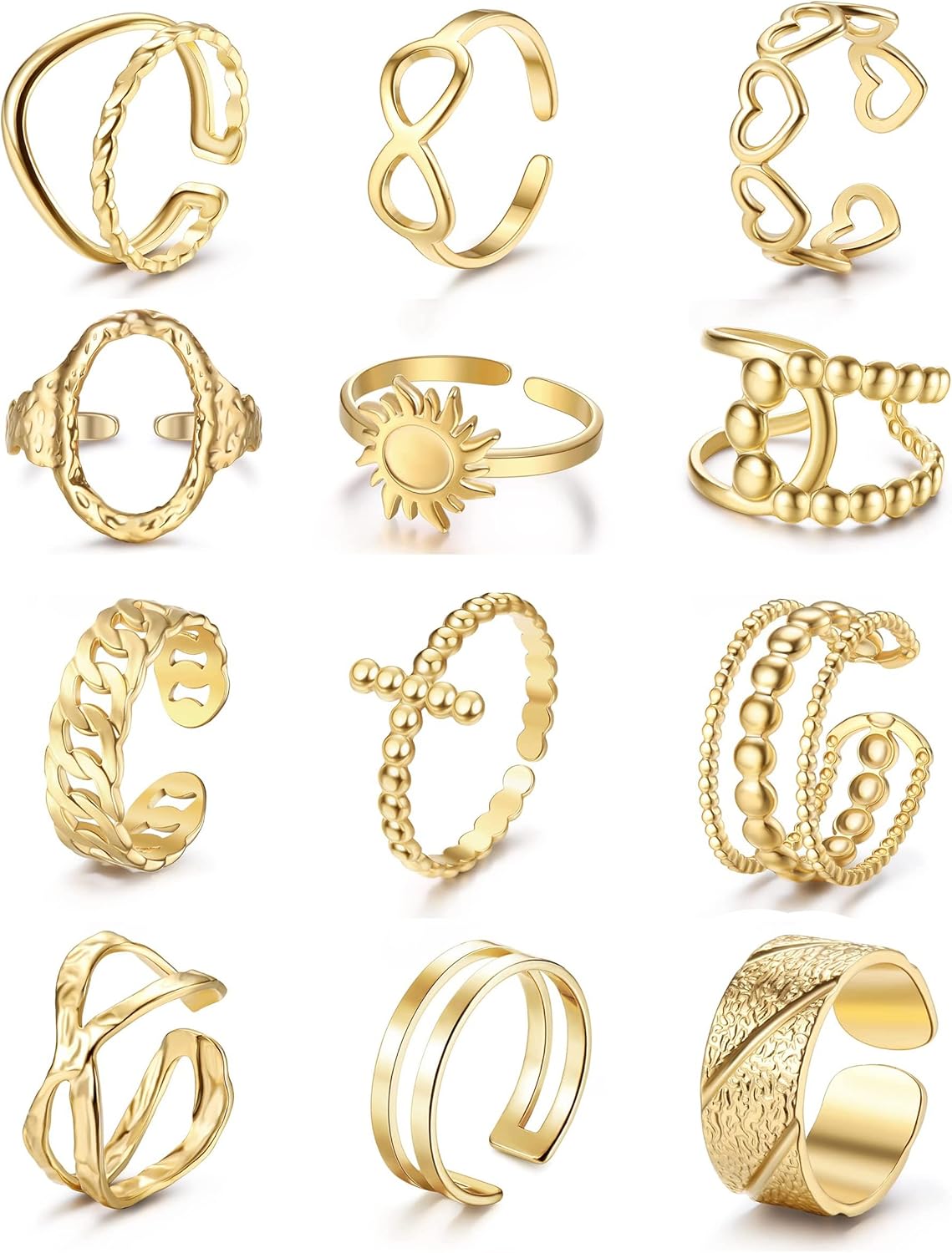 ADRAMATA 12 Pcs Women's Retro Vintage Ring Set - Stainless Steel, Adjustable, Stackable, Silver/Gold Phalange Rings