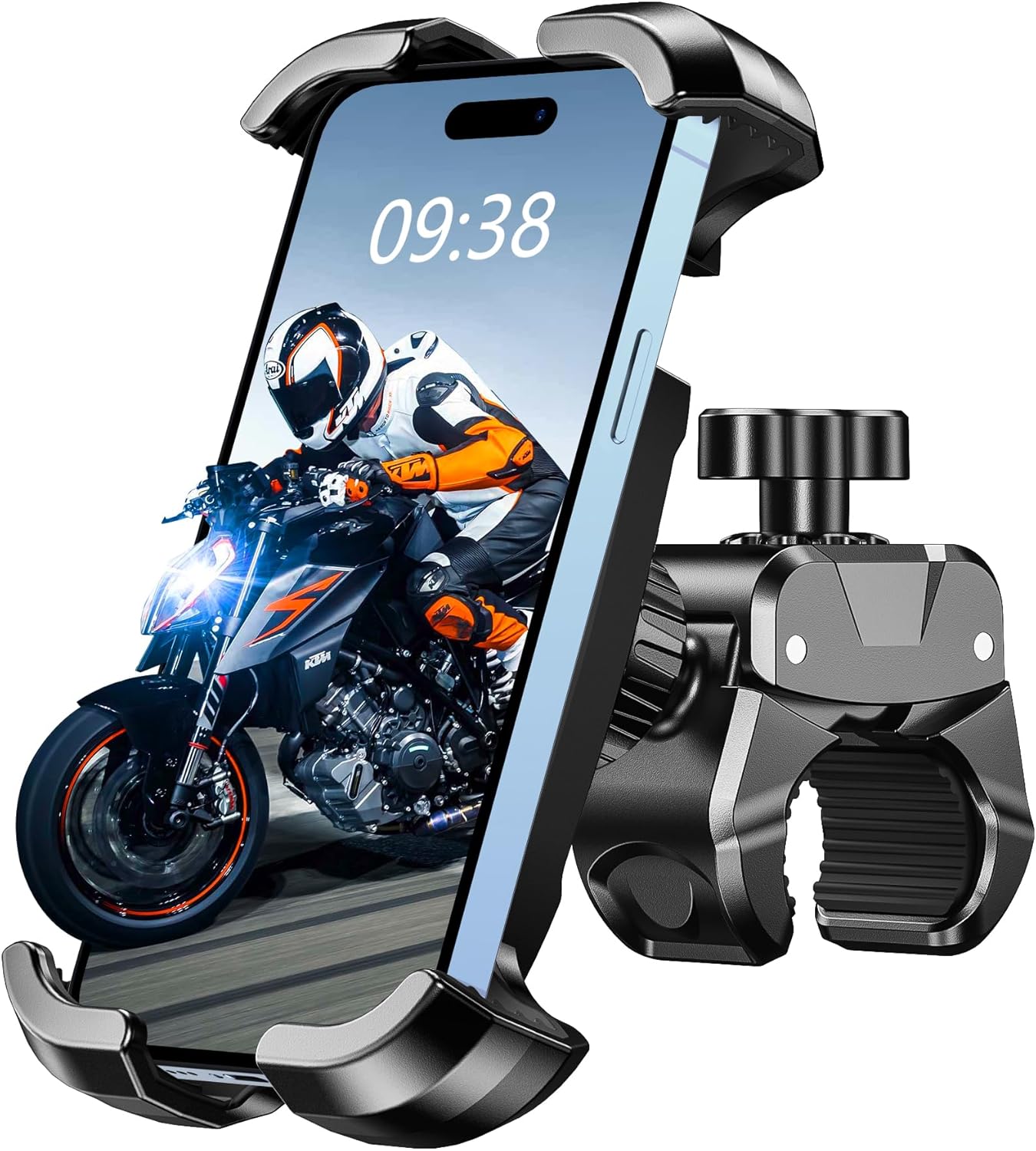 Motorcycle Phone Mount, [Heavy-Duty Clamp] & [All-Around Secure] Phone Holder for Bike Motorcycle Bicycle Scooter Handlebar, [1s Put & Take] Cell Phone Clip Compatible with 4.7"-6.8" Phones