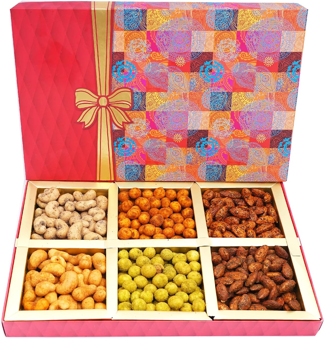 Ghasitaram Gifts Diwali Gifts Fruit n Nut 6 Part Box of Crunchy Cashews, Crunchy Peanuts and Flavoured Almonds 300 GMS