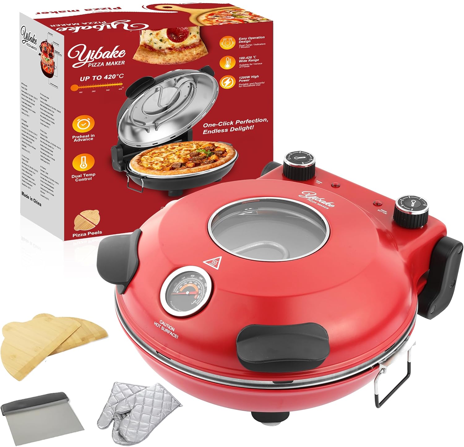 Electric-Pizza-Oven, 31cm Refractory Pizza Stone, 1200W Countertop-Pizza-Maker, 4-Min-Pizza in Pizza Maker, Dual Temp control, with Pizza Peels & Scraper Red