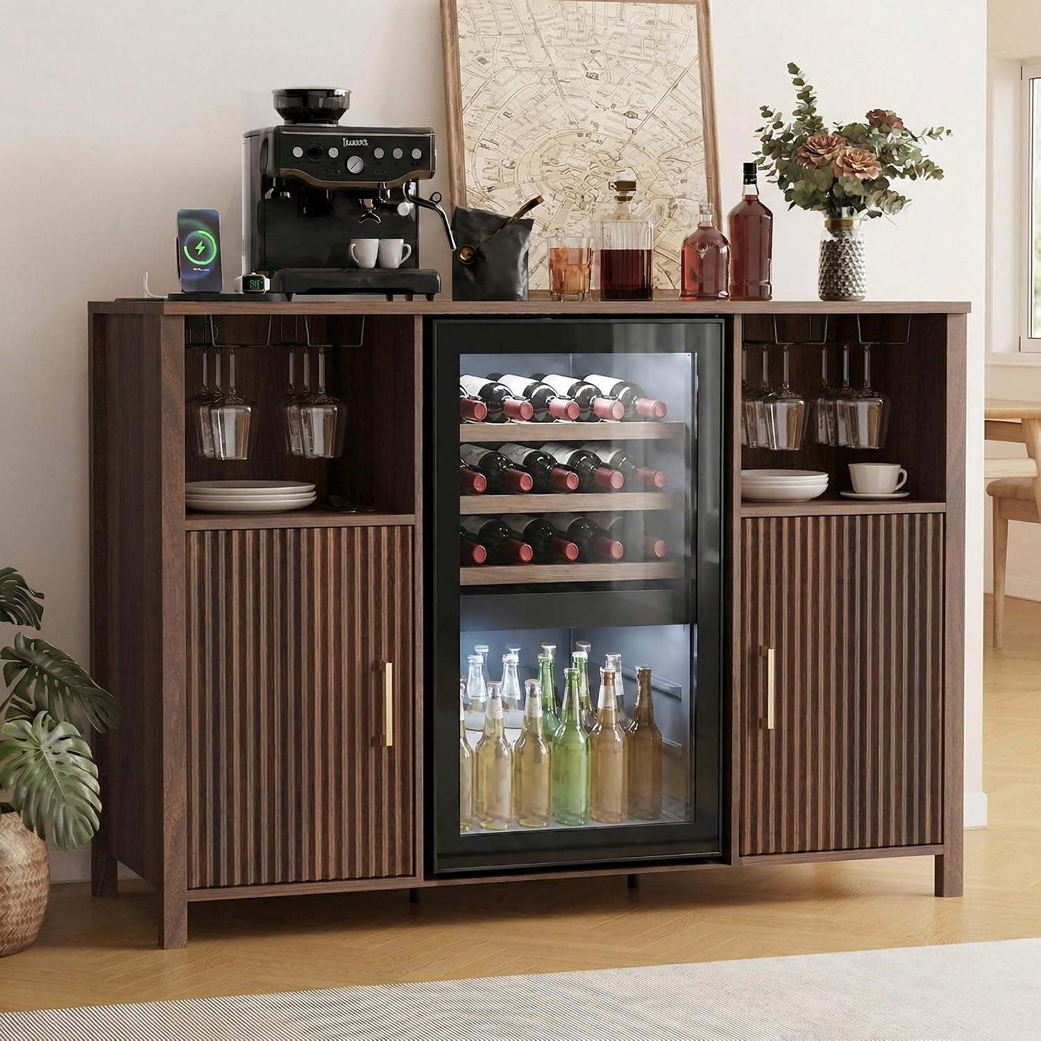 53'' Large Coffee Bar Cabinet with Power Outlet, Mini Fridge Cabinet with Adjustable Shelf Glass Holder, Liquor Wine Bar Storage, Fluted Buffet Sideboard Table for Kitchen Dining Room, Walnut Brown