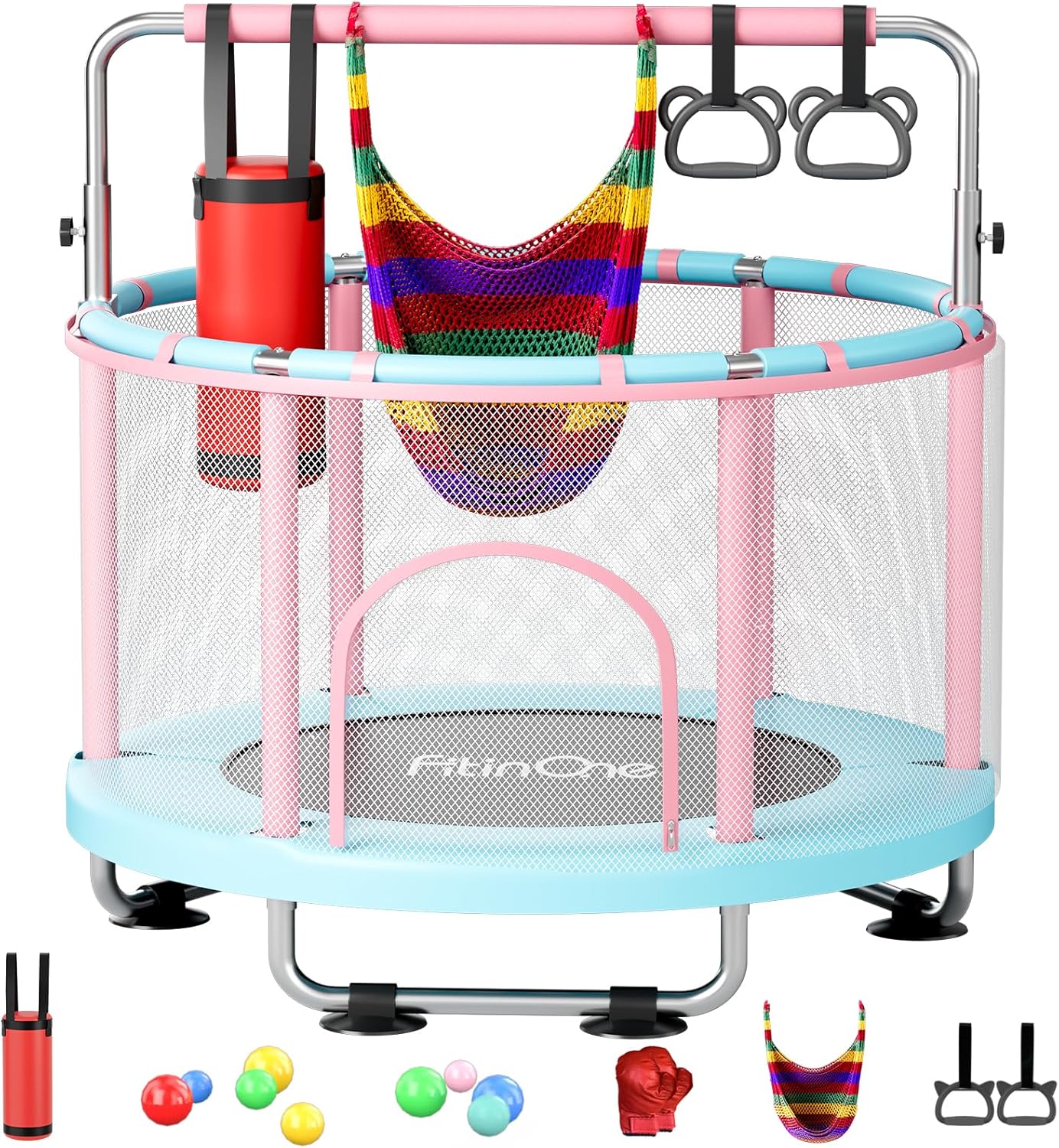 FitinOne 55" Toddler Mini Trampoline for Kids, Indoor Outdoor Toys with Swing, 440lbs Baby Kids Trampoline, Gymnastics Bar, Birthday Gifts for Boy Girl Age 1-8