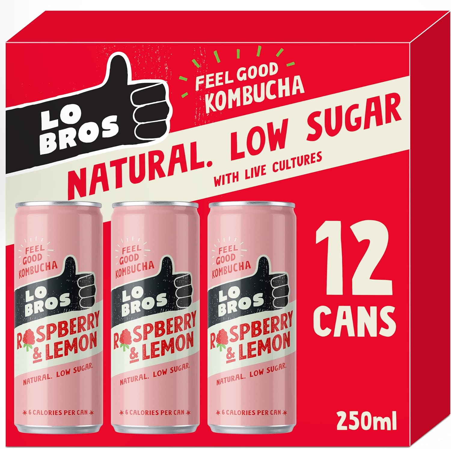 Lo Bros Kombucha - Raspberry & Lemon - Sparkling Refreshing Drink with Natural Ingredients and Live Cultures, Supports Gut Health, Low Sugar, Vegan, Gluten Free- 12 x 250ml