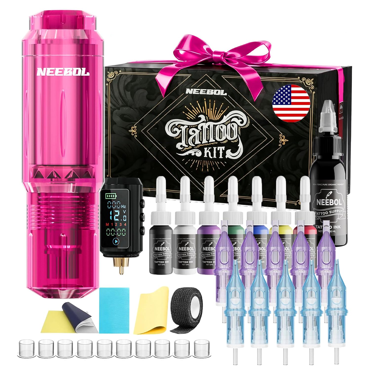 Neebol Wirless Tattoo Gun Kit, Complete Tattoo Set for Beginners & Artists | Pink Tattoo Machine with 1600mAh Battery, Tattoo Needles & 8 Color Inks, Full Tattoo Supplies for Home practice & Studio
