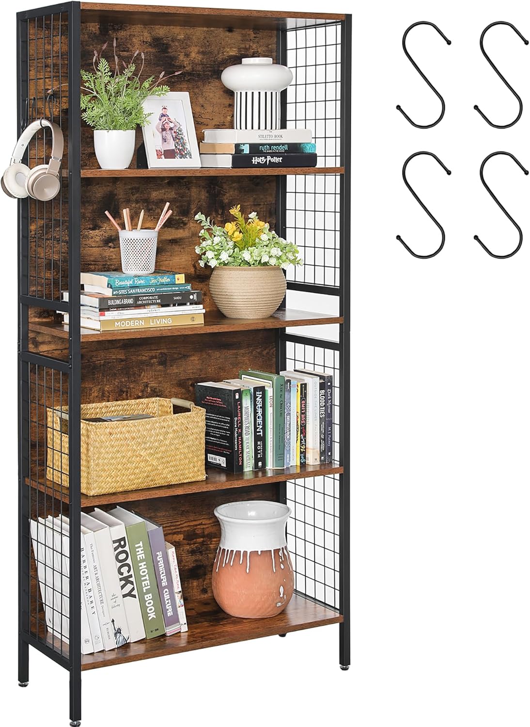 VASAGLE Book Shelf, 5-Tier Bookcase, Shelving Unit with 4 Hooks, 30 x 74 x 154 cm, for Office, Study, Living Room, Bedroom, Rustic Brown and Ink Black LBC023B01