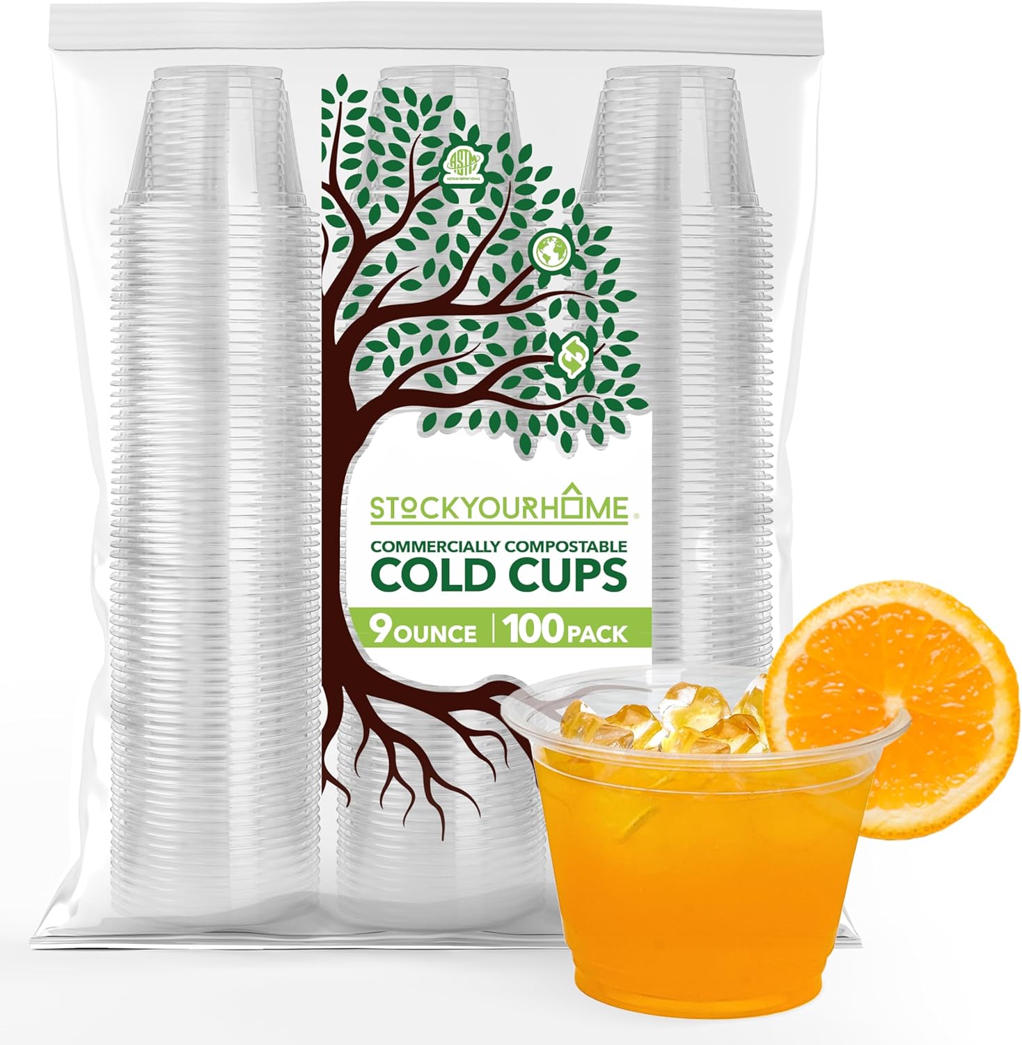 Stock Your Home 9 oz Clear Commercially Compostable Cold Cups (100 Pack) Plant Based Eco Party Cup, Environmentally Friendly Recyclable Disposable Sustainable for Water, Wine & Beer Sample