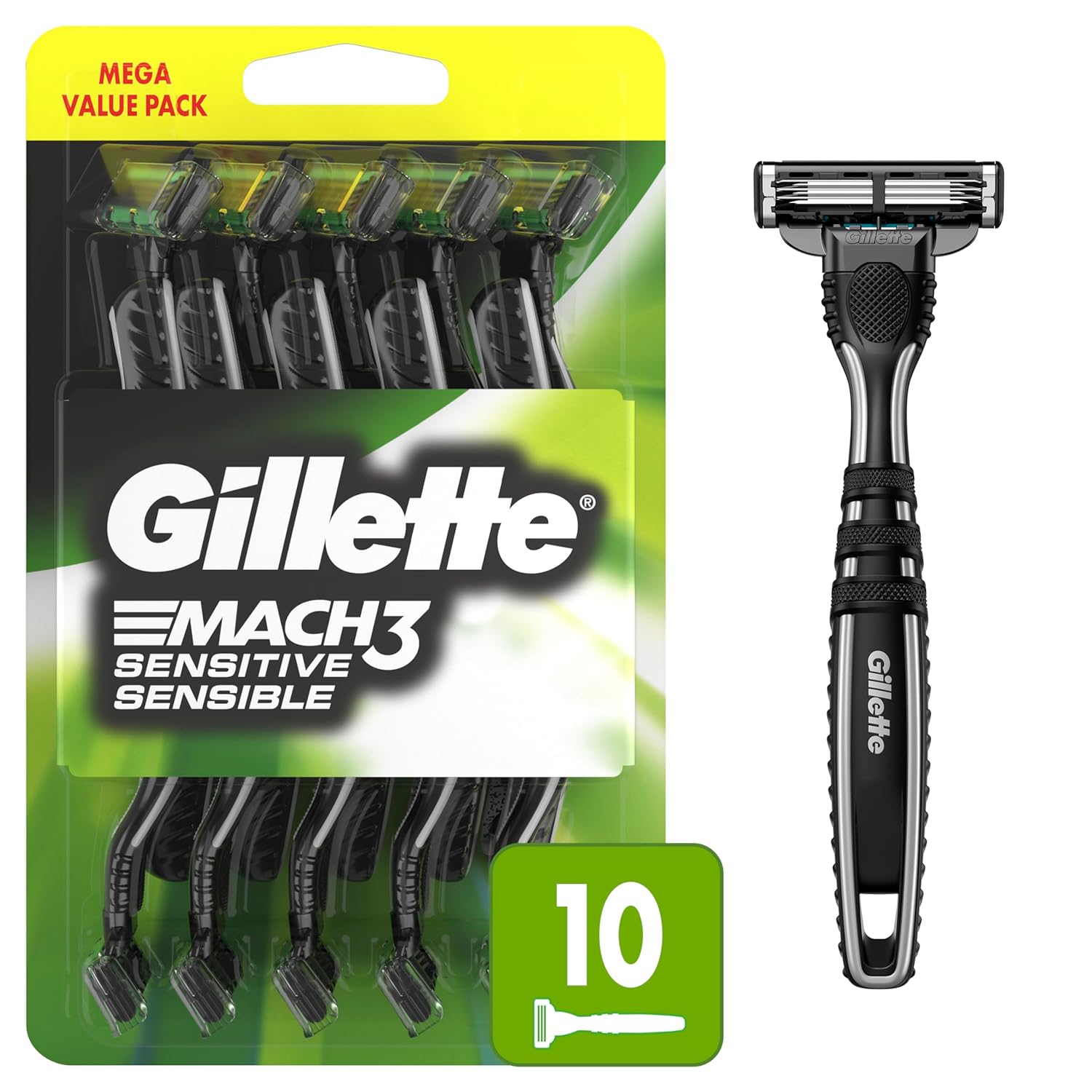Gillette Mach3 Sensitive Razors for Men, Men’s Disposable Razors, Pivoting Head for Close and Comfortable Shave, 10 Count