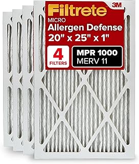 Filtrete 20x25x1 AC Furnace Air Filter, MERV 11, MPR 1000, Micro Allergen Defense, 3-Month Pleated 1-Inch Electrostatic Air Cleaning Filter, 4 Pack (Actual Size 19.69 x 24.69 x 0.81 in)