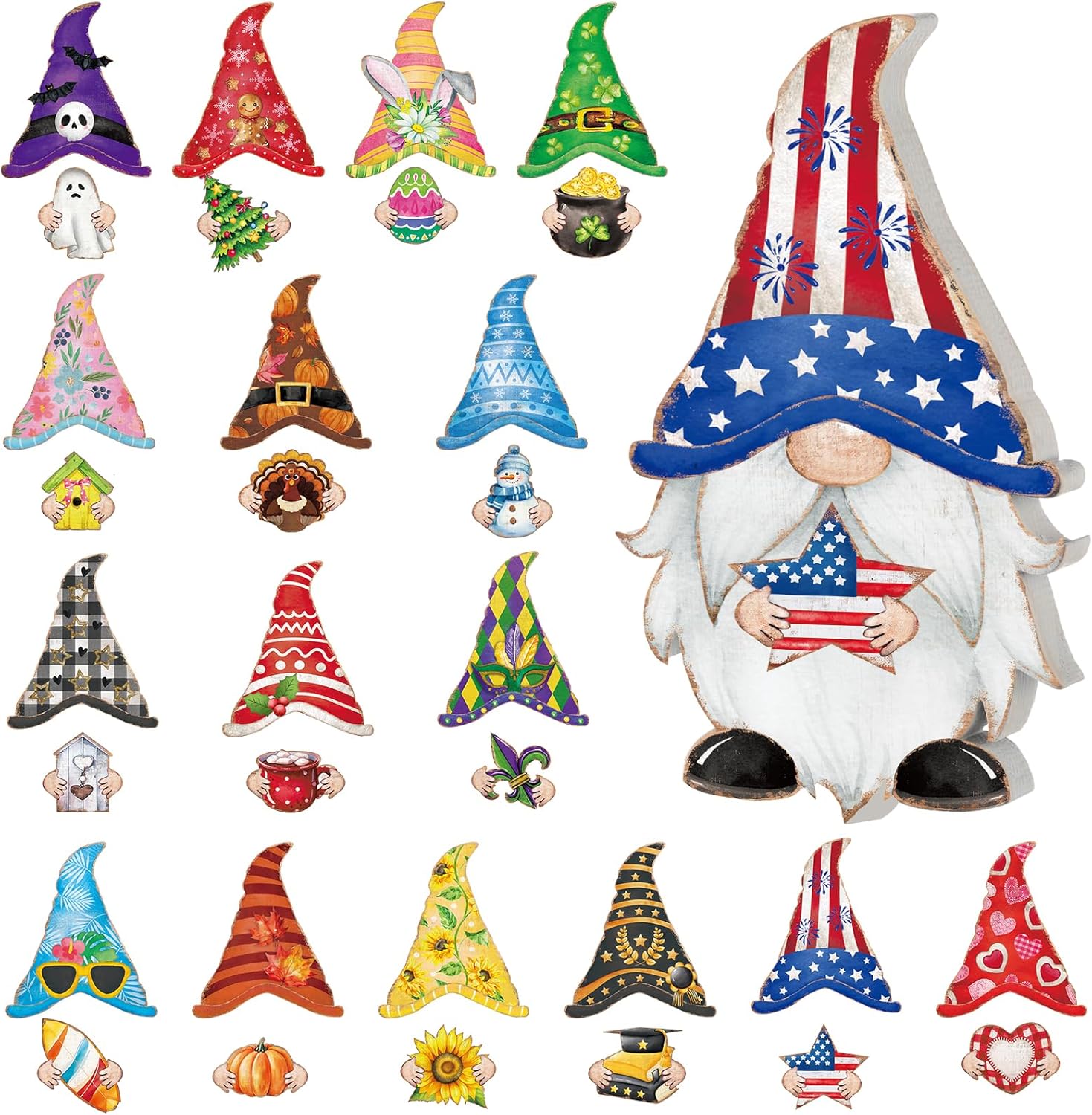 Qunclay 33 Pcs Interchangeable Gnome Decor Seasonal Holiday Gnome Decoration with Magnet Pieces and Detachable Hats Changeable Wooden Table Centerpieces Sign for Home Ornaments(Retro)