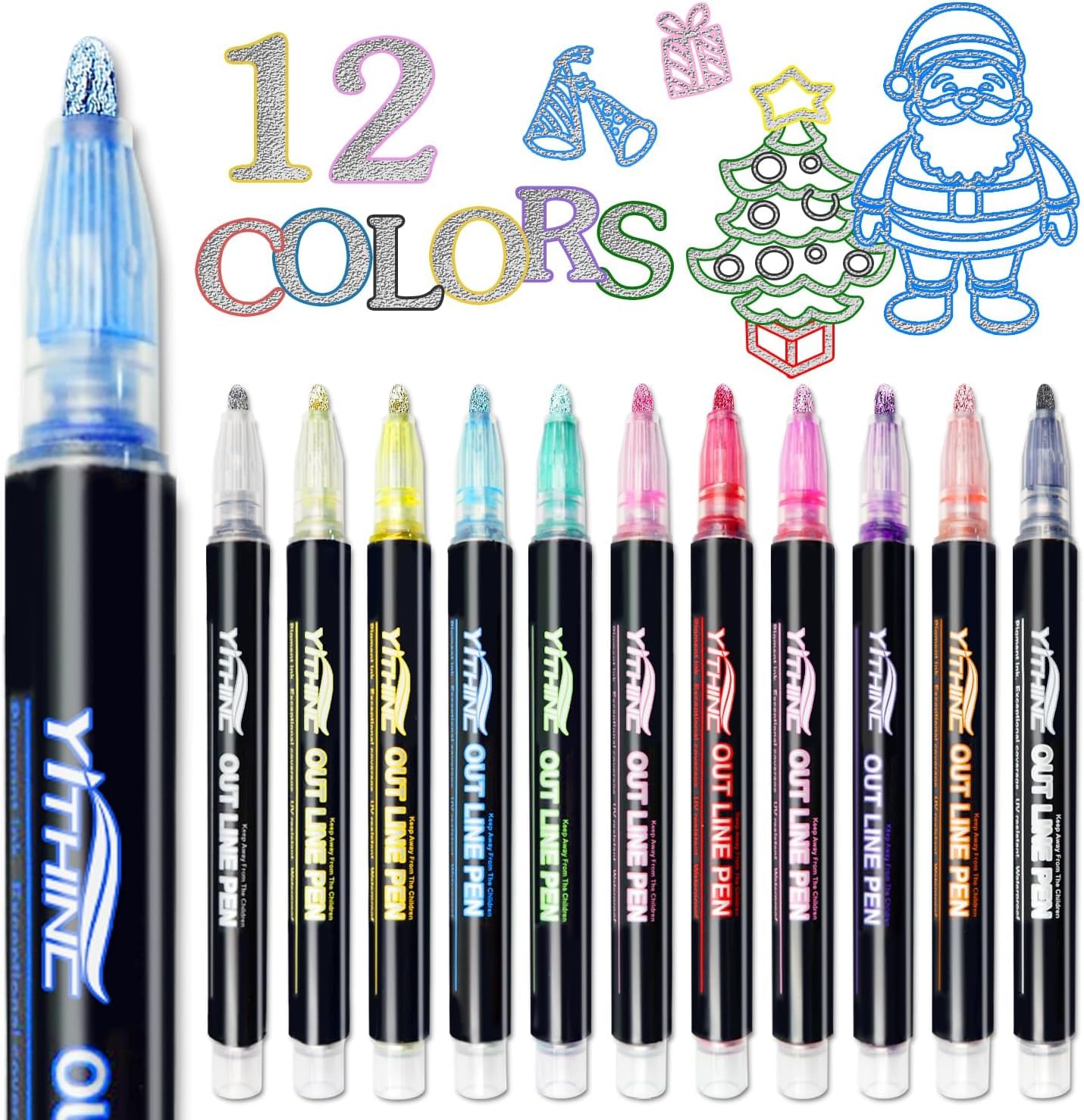 YITHINC Glitter Pens Outline Marker Pen, Stocking Fillers Kids, Arts and Crafts for Kids, Teenage Girls Gift, 12 Sparkle Metallic Colouring Pens, Christmas Gifts for 4-14 Year Old Girls